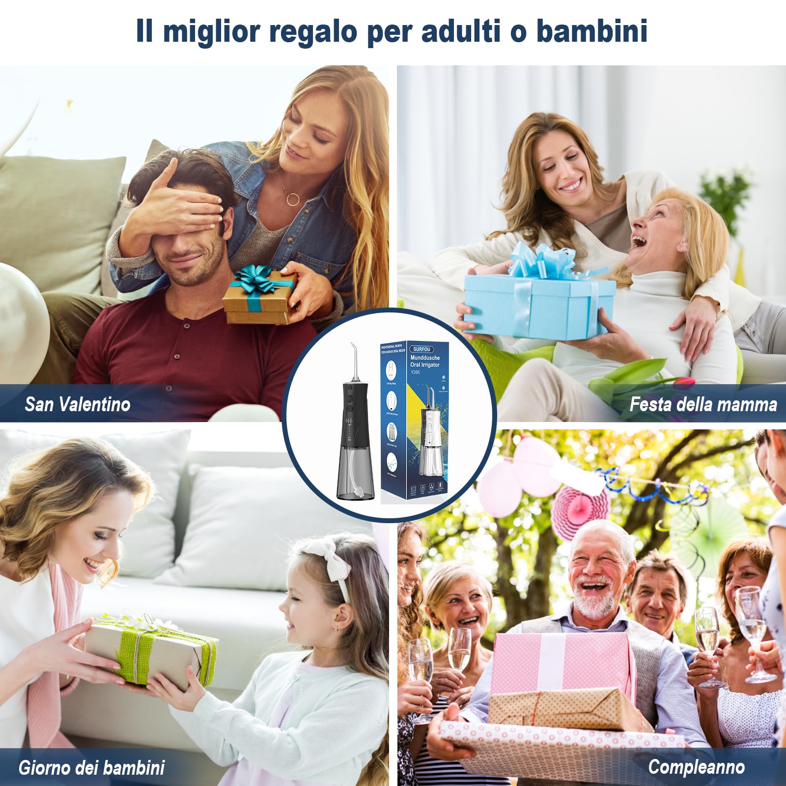 SURFOU Idropulsore Dentale Portatile 3 Modalità 5 Pressione dell'acqua e 7 Ugelli, 230 ml IPX7 Impermeabile USB Ricaricabile per Viaggi e uso Domestico