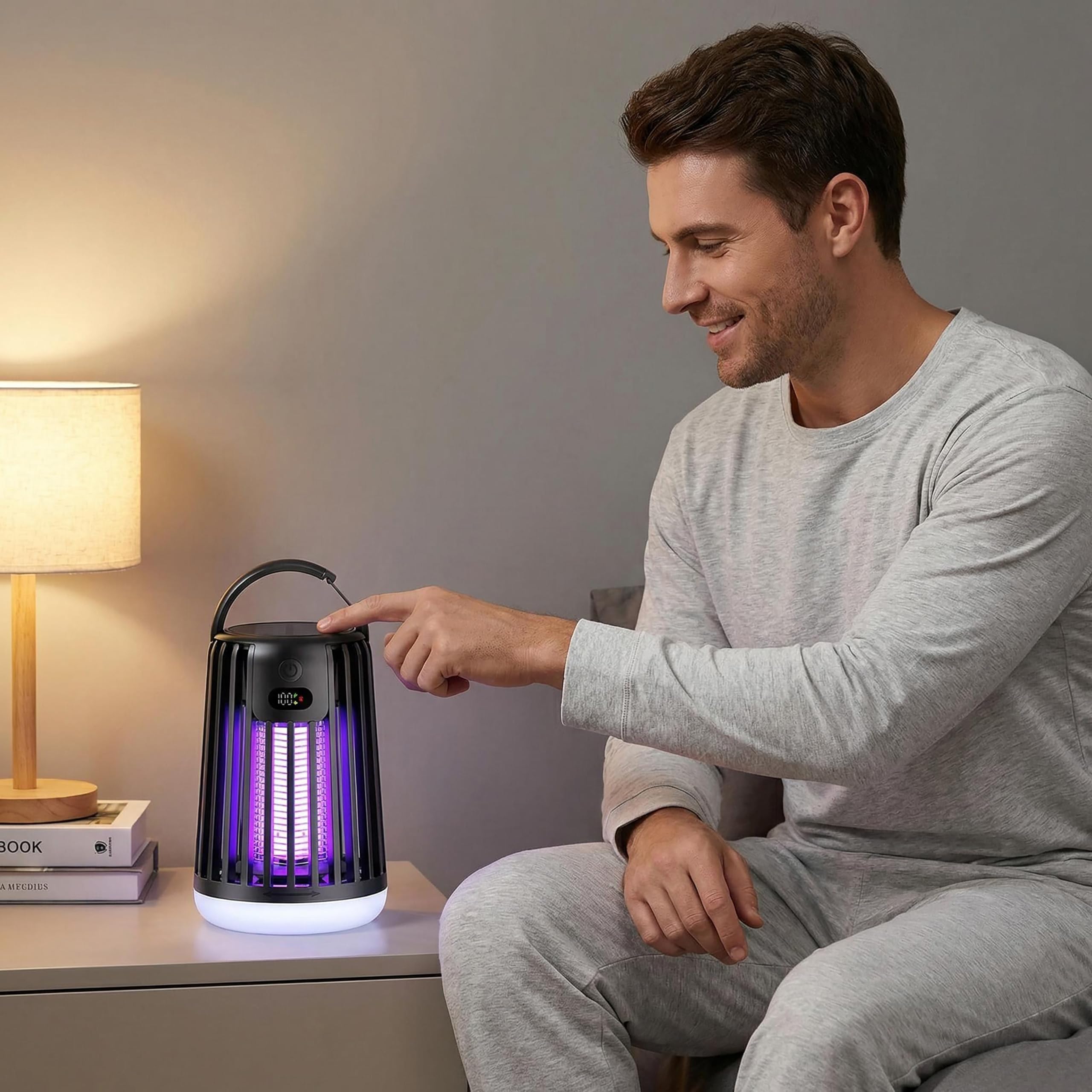 Zapper elettrico ricaricabile a energia solare e USB-C, a doppia onda, anti-insetti, trappola portatile per zanzare con lanterna, per interni ed esterni, casa, giardino, campeggio (nero)
