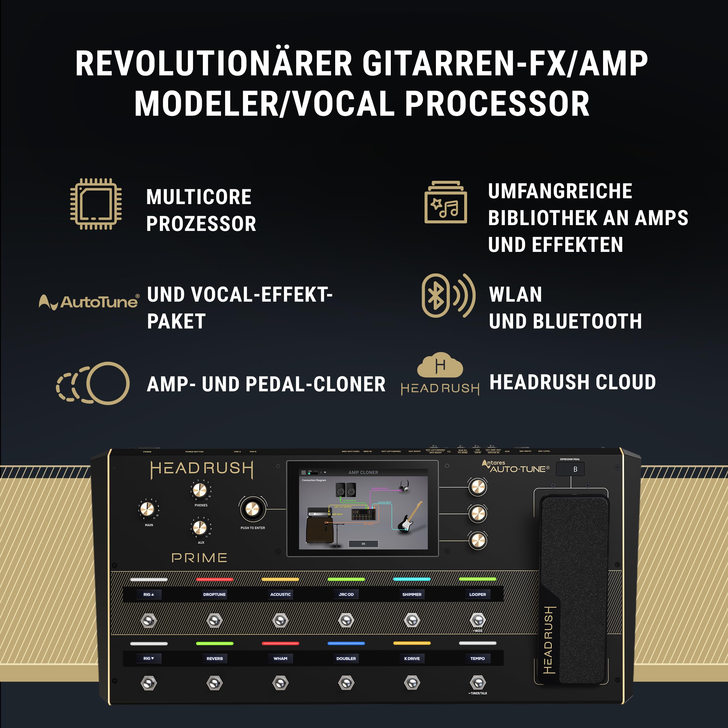 HeadRush Prime - Gitarren und Vocal Multi-Effekt-Pedal, Modelling-Prozessor mit Amp Cloner, Antares Auto-Tune, WLAN, Touchscreen, Looper und Bluetooth