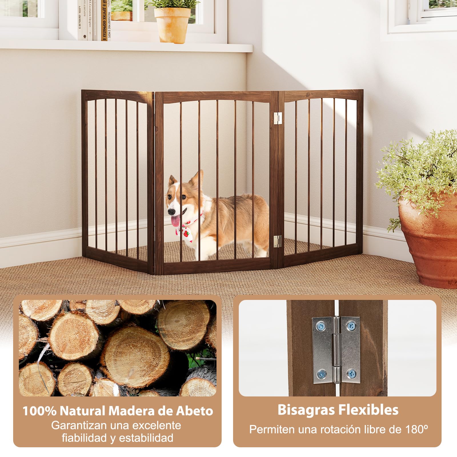COSTWAY Barra para Perros Plegables, Barrera de Seguridad para Interiores, Separador de Habitaciones de 3 Paneles Plegable y Autoportante para Mascotas Pequeños y Medianos (Marrón)