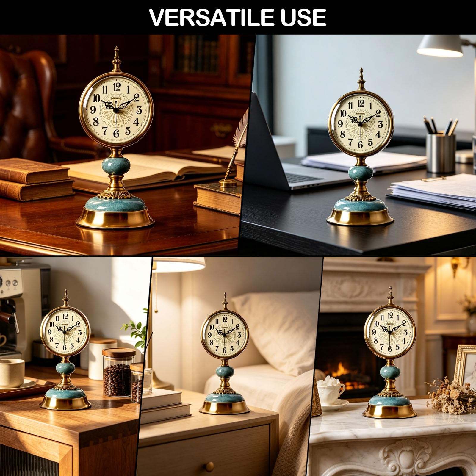 Vintage Tischuhr Standuhr, Antike Metall Schreibtischuhr Batteriebetrieben, Retro Stille Tischuhren ohne Ticken für Kaminsims Regal Wohnzimmer Tischdekoration Schlafzimmer Wohnzimmer Büro