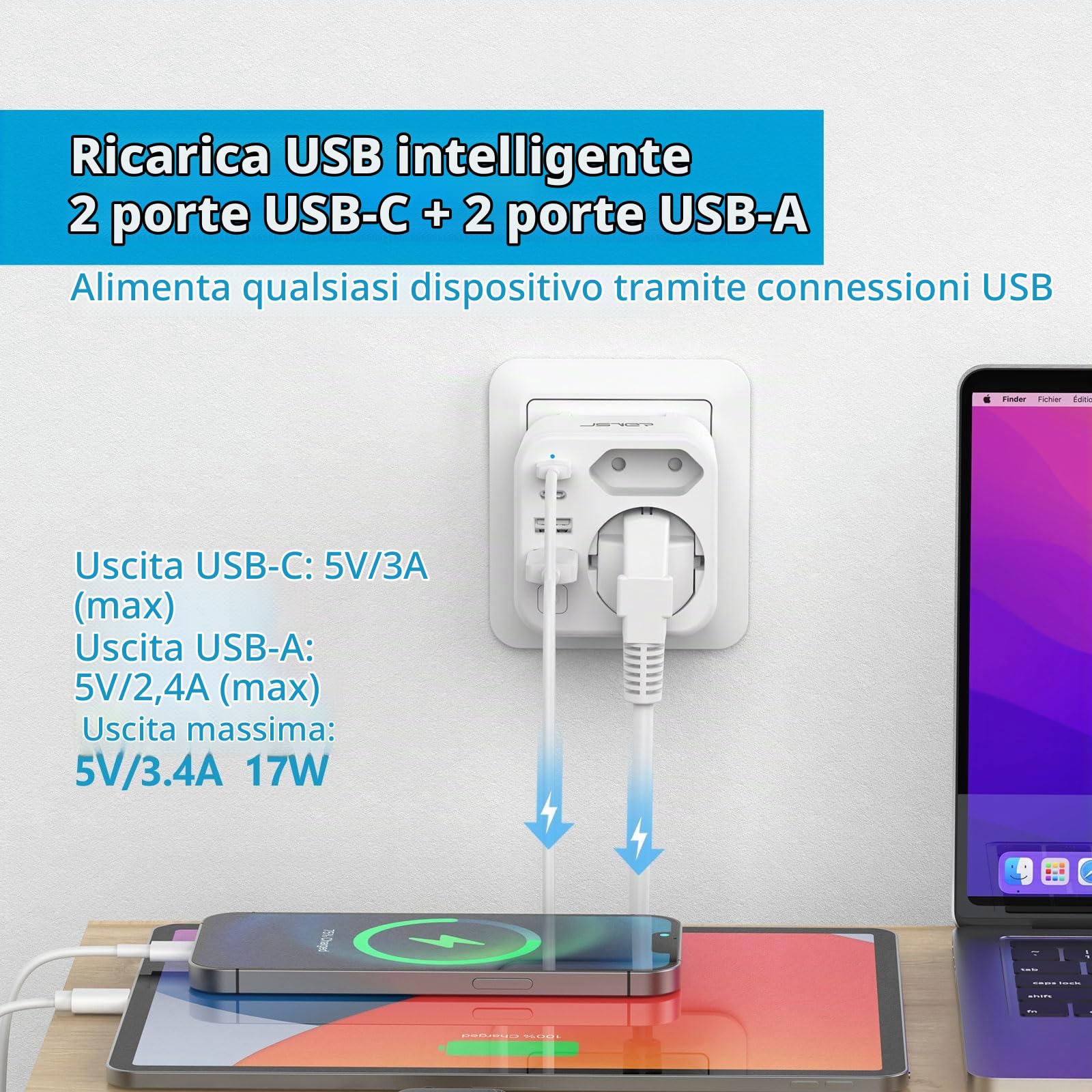 JSVER Adattatore di viaggio JSVER 6 in 1 con 2 porte USB-A e 2 porte USB-C per Stati Uniti — immagine 2 di 16