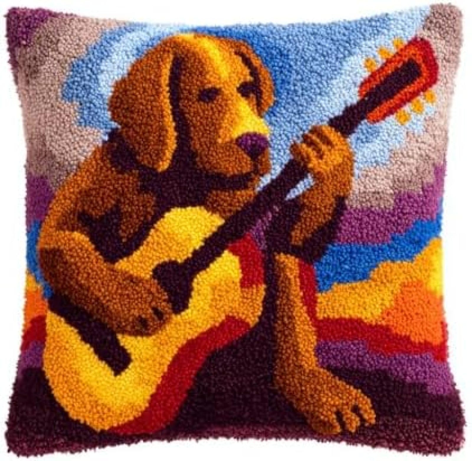 kitphoenix Latch Hook Kit for Adults Beginners,Retriever Playing Guitar,DIY Cushion Cover Craft Kit with Pre-Printed Canvas,Yarn and Hook,43x43 cm Pillow Cover Making Set