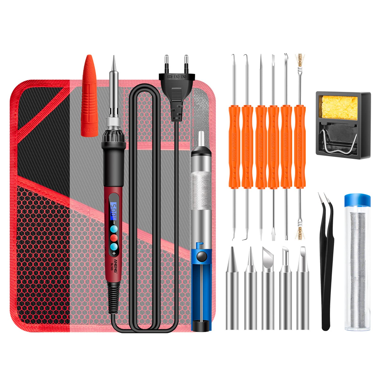 Pepisky SL103 18pcs Mini Electric Soldering on with LCD Digital Display 180℃~500℃ Adjustable Temperature 60W Intelligent Soldering on Kit Tweezers Tin Extractor Tin We for Electronic Components