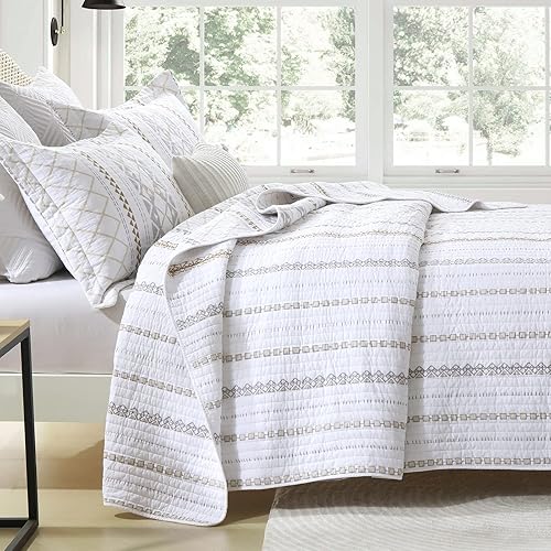 Miniatura 10 de Finlonte Juego de edredón bohemio de 3 piezas con estampado a rayas para todas las estaciones