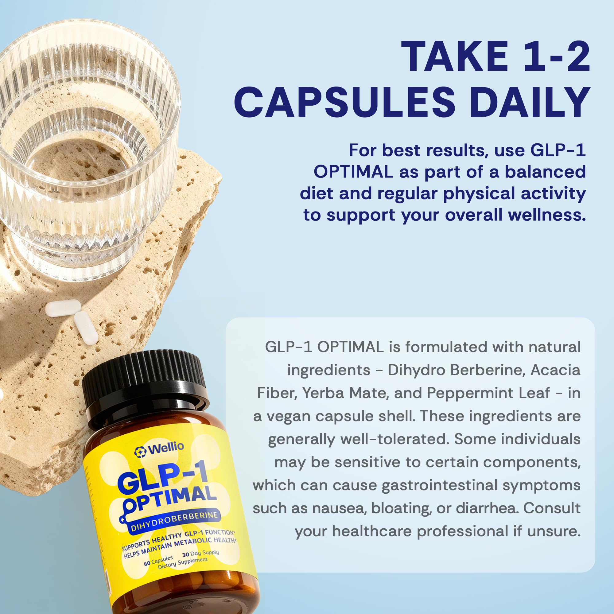 Wellio GLP-1 Optimal – Natural GLP-1 Support with Dihydroberberine 300mg & Prebiotics – Metabolic Health & Energy – Made in USA – 60 Capsules : Health & Household