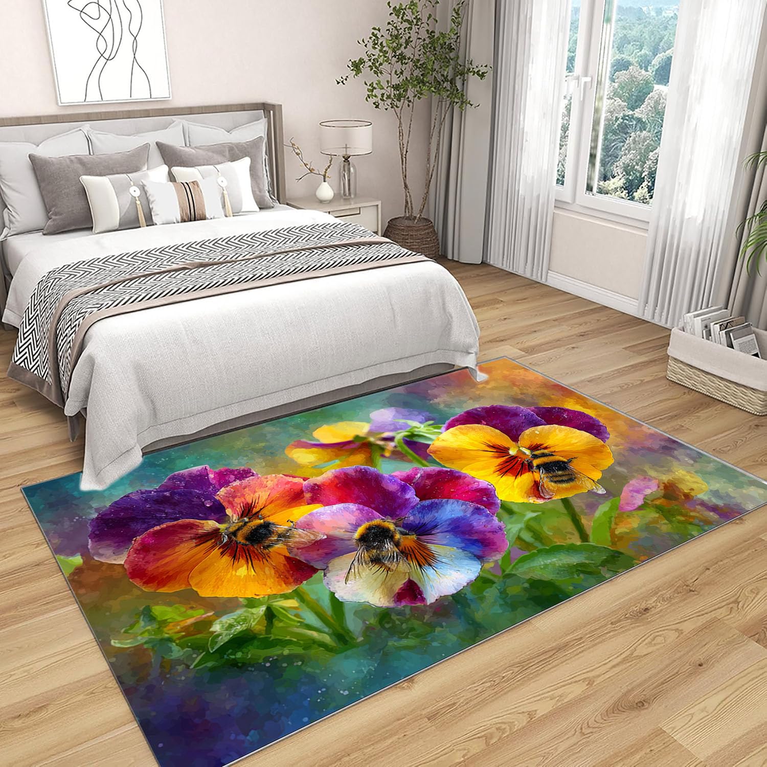 Nowoczesny dywan z geometrycznym wzorem, krótkie włosy kwiaty i pszczoły do salonu, biura, stolika kawowego, łóżka, balkonu (fioletowy-150x240cm