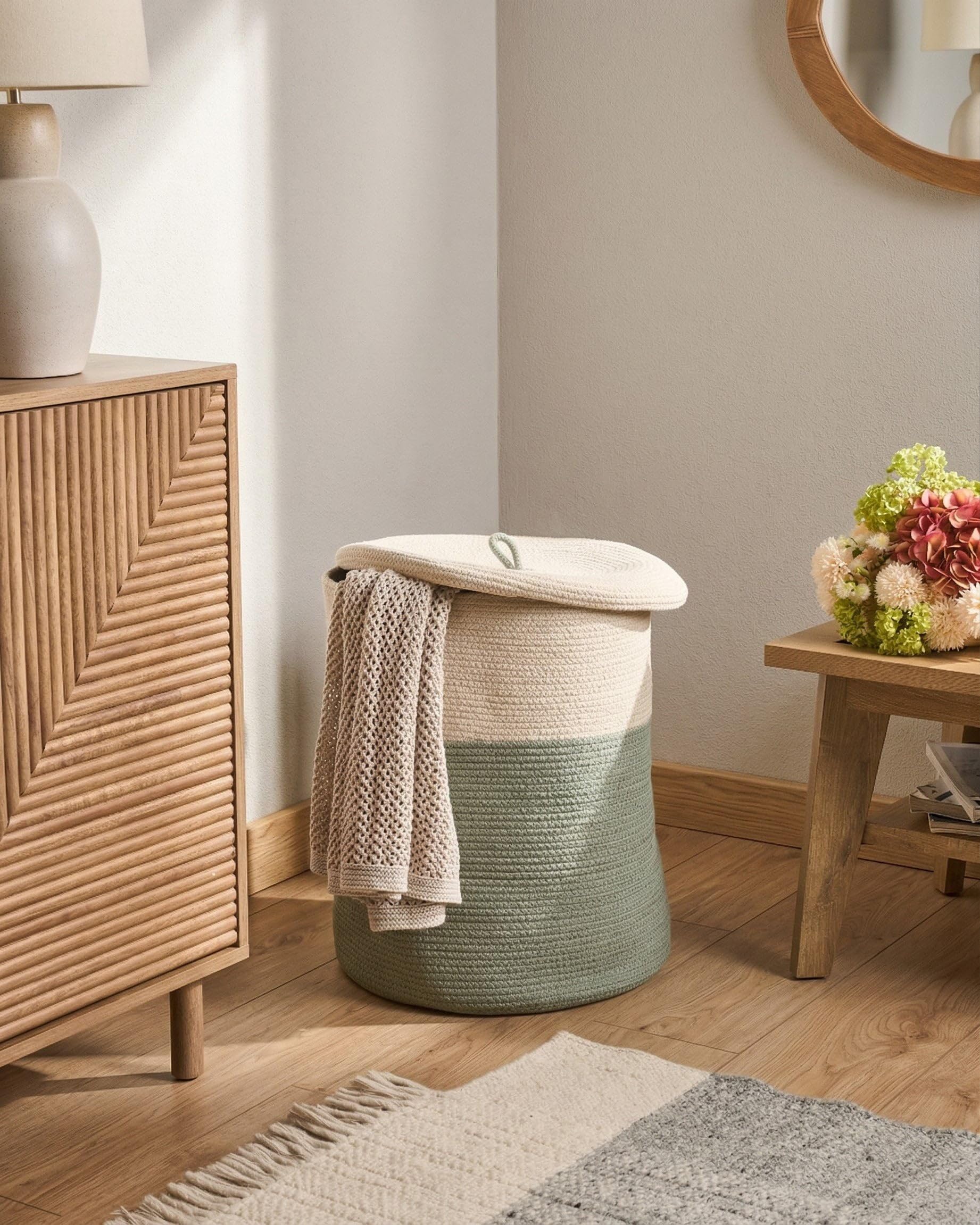 Korb Baumwolle hellbeige/grün geflochten gestreift mit Deckel Boho-Design Silopi