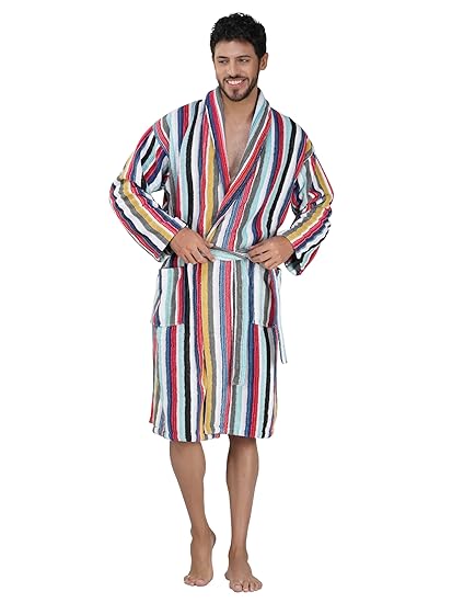 Rangoli Pinstripe 100% Cotton Bathrobe For Men 420 GSM, Super Soft Full-Length Long Sleeve Bathrobes with Shawl Collar & Adjustable Belt, Luxurious Bath Gown/Bath Robe for Men