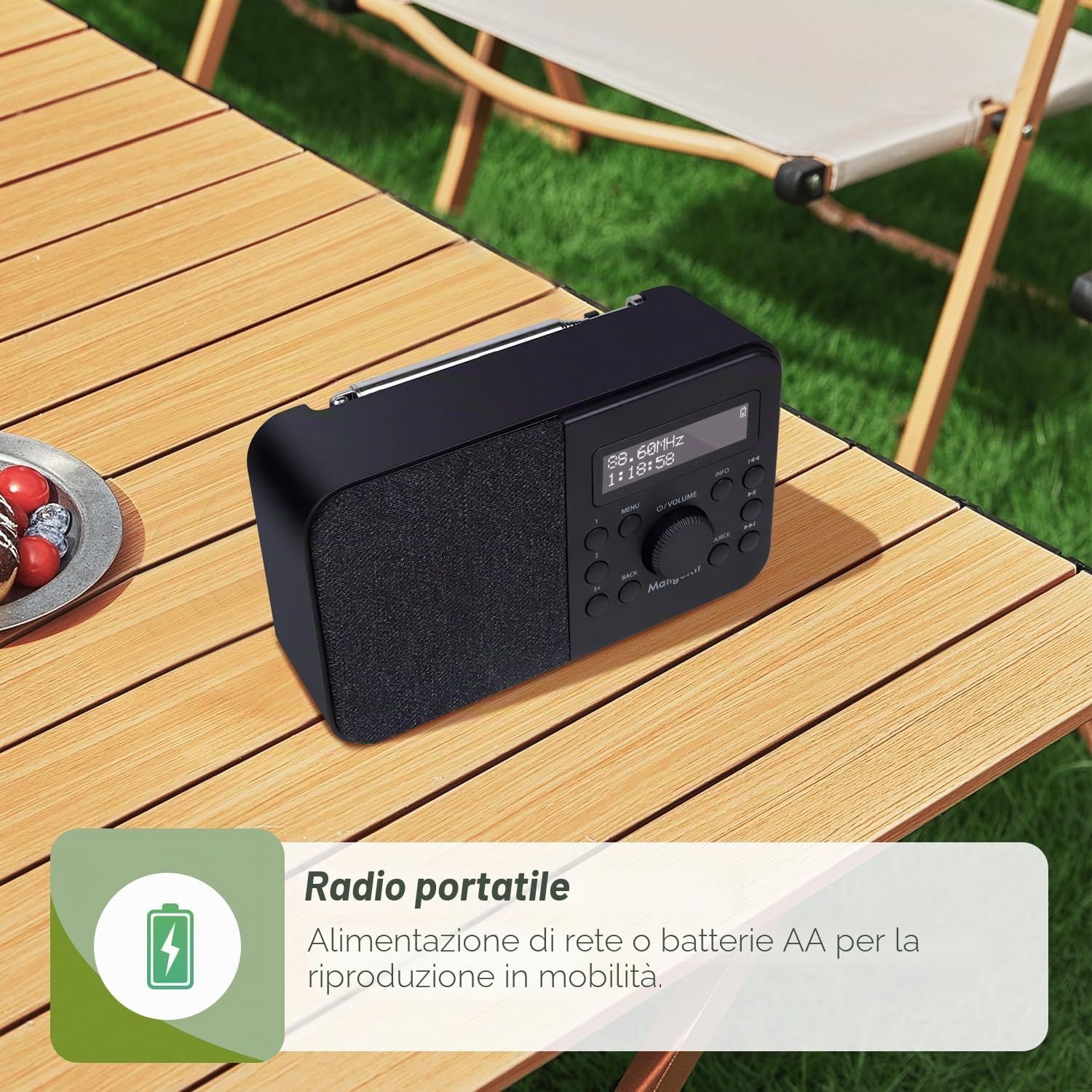 PR2S Radio Digitale DAB,DAB+ e Radio FM da cucina,altoparlante Bluetooth,Personale con Display,sveglia e orologio,40 stazioni preimpostate,cuffie, Batterie e Alimentazione a rete-Nero