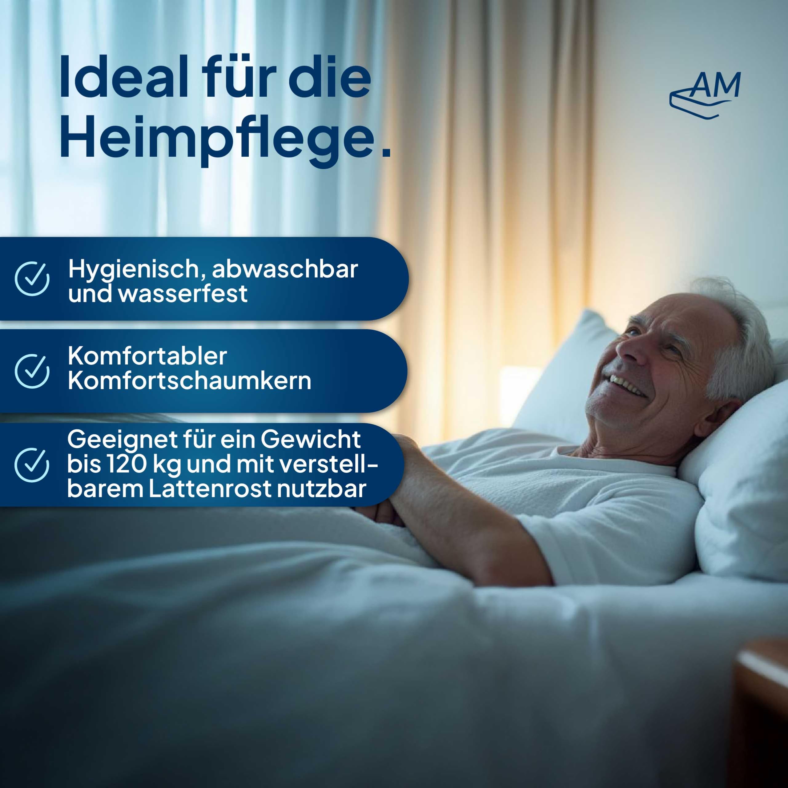 AM Qualitätsmatratzen wasserdichte Matratze Fuer Pflegebett 90x200 - Made in Germany - Inkontinenzmatratze für die Heimpflege 14 cm - Krankenbett Matratzen Fuer Senioren mit festen Sitzkanten