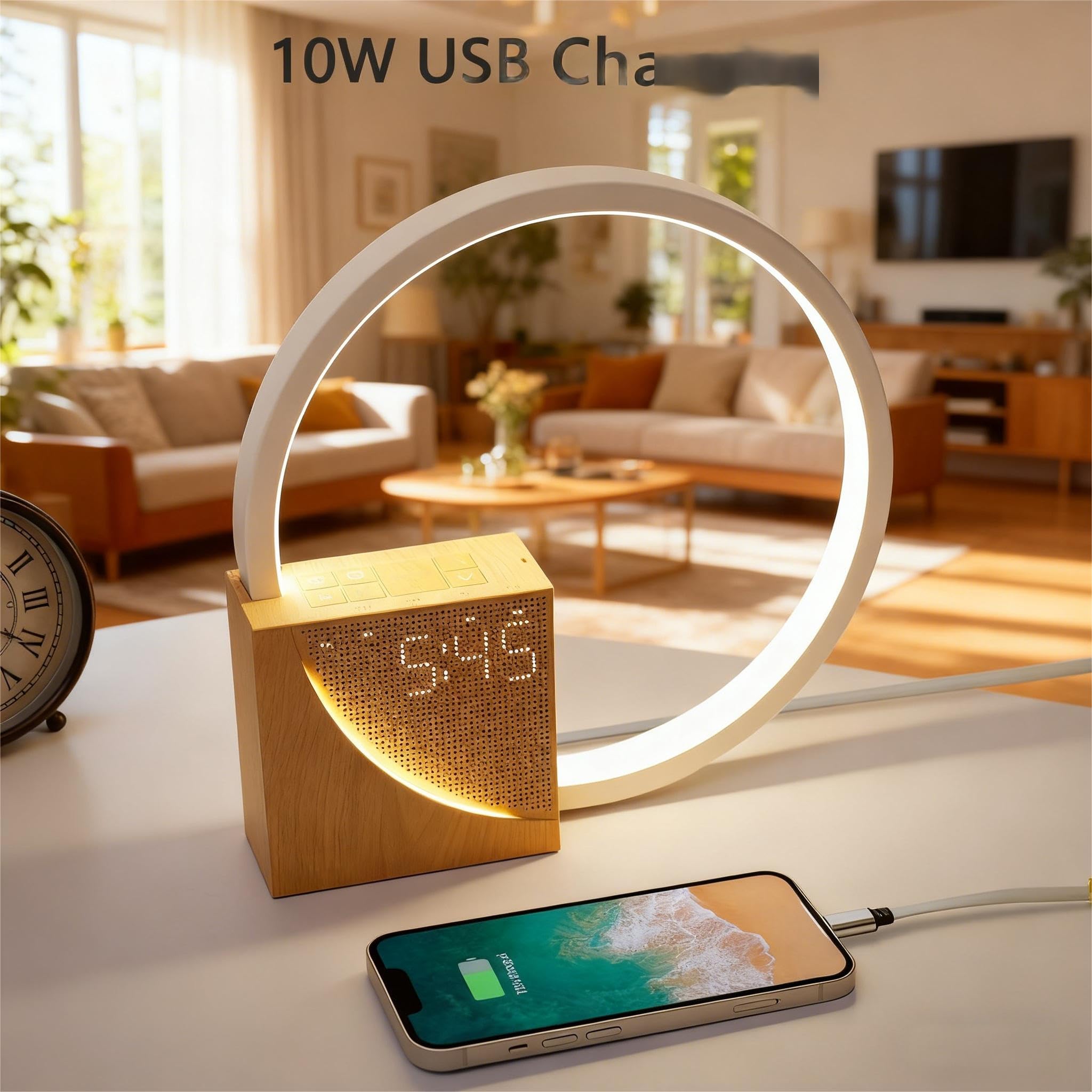 blonbar Lámpara de noche de 10 W con luz Wake Up, despertador con luz, puertos de carga USB, táctil, regulable, 10 sonidos naturales para adultos y niños, 3 niveles de brillo para dormitorio, salón,