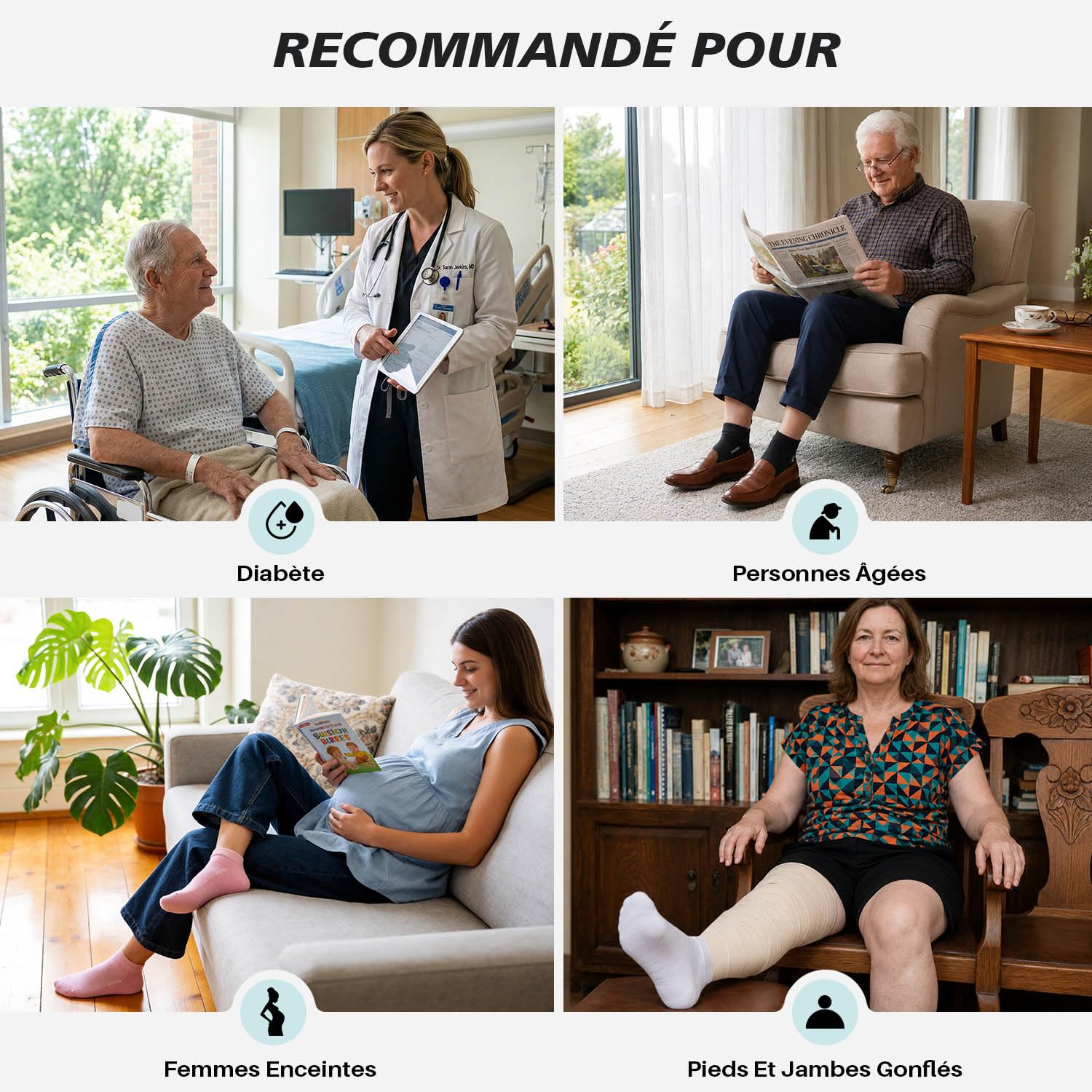 Chaussettes Diabétiques pour Homme Femme: Chaussette Courtes Bambou Non Comprimantes Socquettes Sans Élastique ni Couture avec Semelle Rembourrée pour Pieds et Enceintes