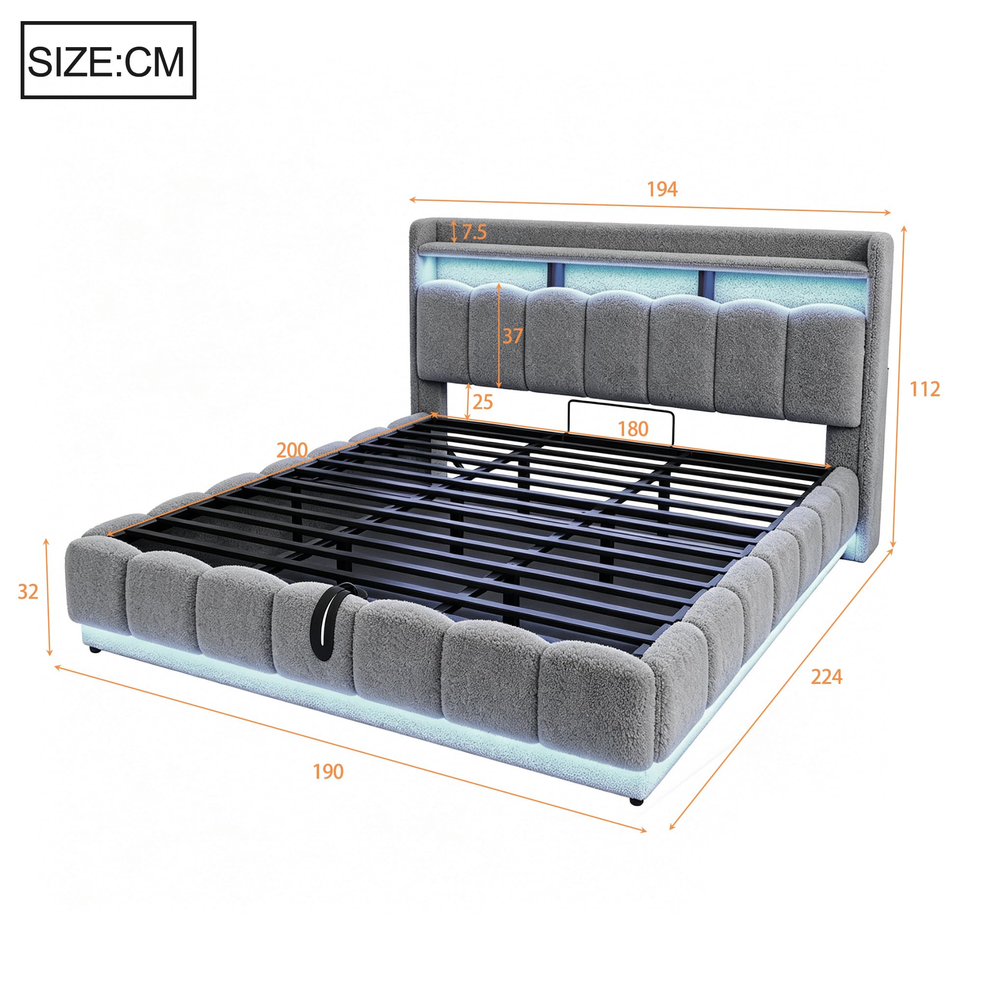 Cama Canapé 180x200 con Cabecero Acolchado Cama Tapizada con Almacenamiento Integrado Estructura Matrimonial con Elevación Hidráulica con Somier de Lamas con Tapizado Bouclé Apartamento Gris