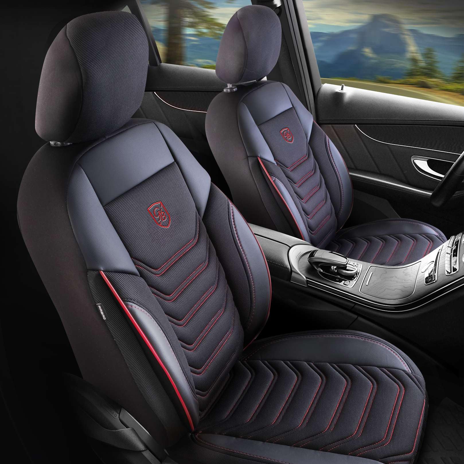 Autositzbezüge Universal für PKW & SUV - Premium Vordersitze Auto Sitzbezug aus Piqué-Stoff, Schwarz-Rot, Airbag-Kompatibel Sitzauflage, Autoschonbezug, Vordersitz-Set inkl. Montageset