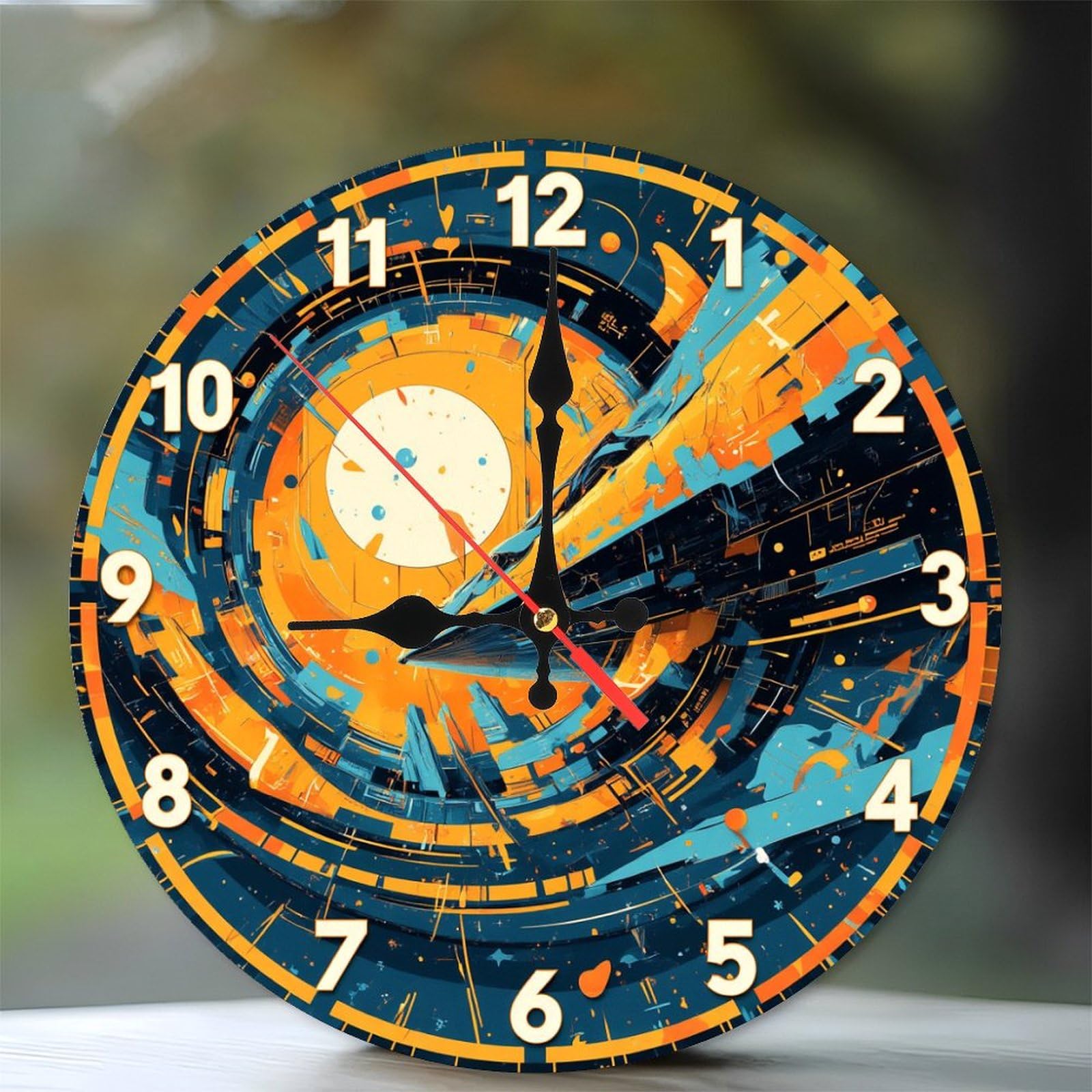 Spaceship Clock Wall Art Orange Blue Decor 10-Inch Wooden Wall Clock, Silent Movement, Battery Operated (AA Batteries Not Included), Artistic Home