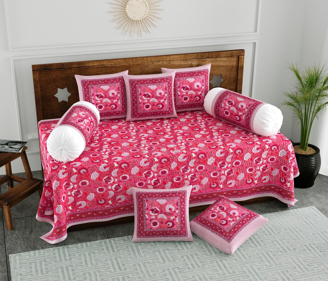 Pure Cotton Diwan Set 8 Piece, Rose & Fuchsia Floral Jaal, Jaipuri Handcrafted Print, 1 Bedsheet 2 Bolster 5 Cushion Covers, Traditional Diwan Set for Living Room Hall-picture-26