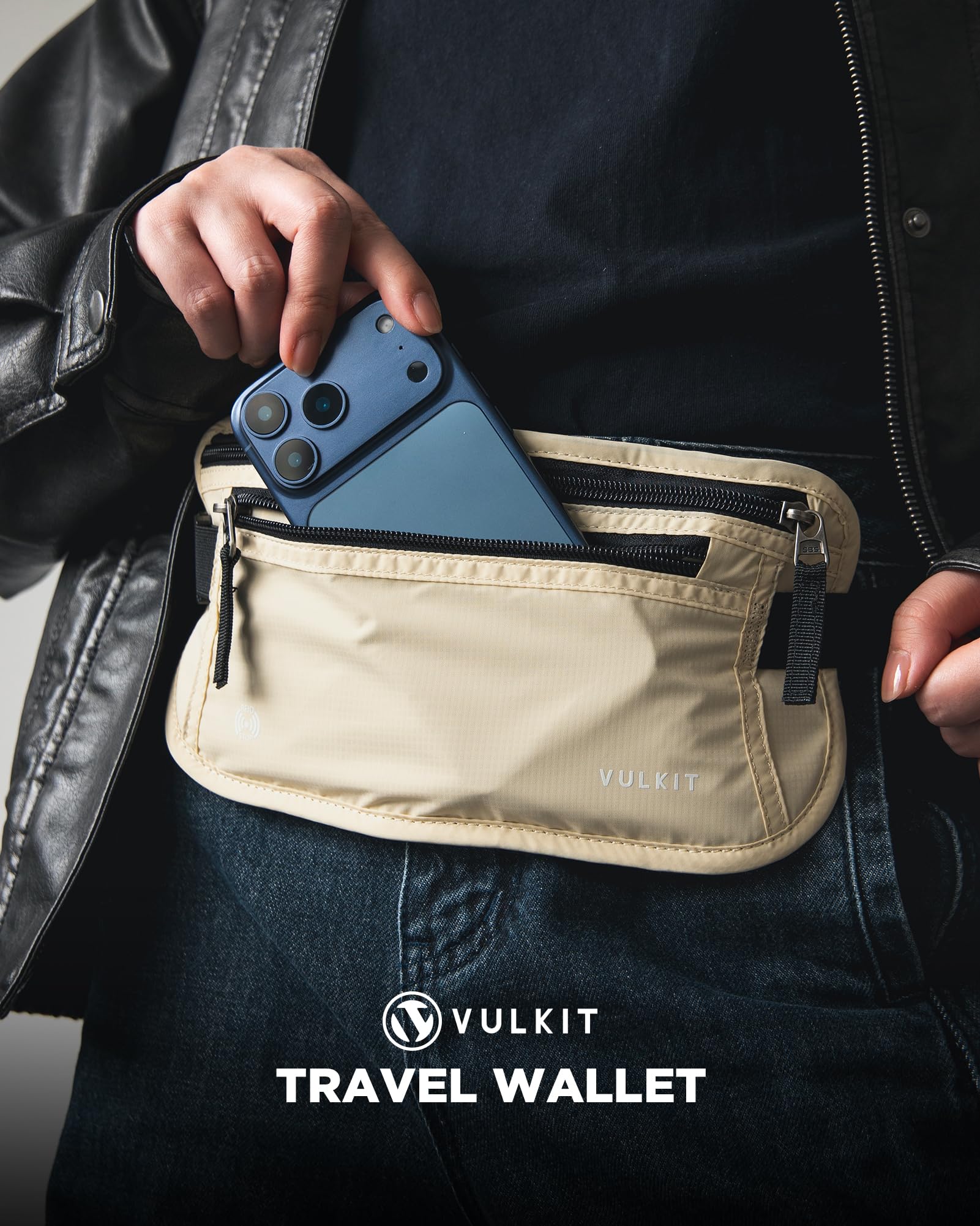 VULKIT Riñonera Viaje para Hombre y Mujer RFID Funda Pasaporte Portadocumentos Viaje Antirrobo Discreta para Teléfono Móvil, Pasaportes, Efectivo - Blanco Crema