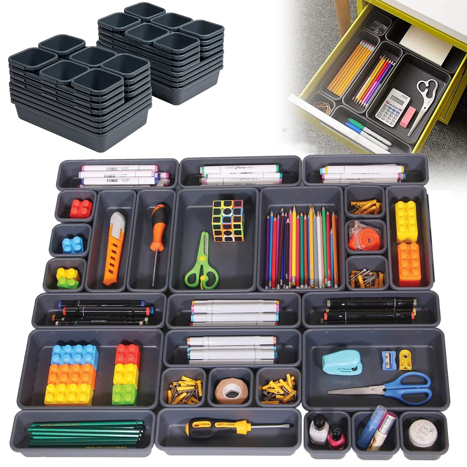 Yoawllty 32 PCS Drawer Organisers, Interlocking Desk Organizer Tray, Separators Drawer Divider for Kitchen Bathroom Makeup Office Vanity Bedroom Dresser(Black)