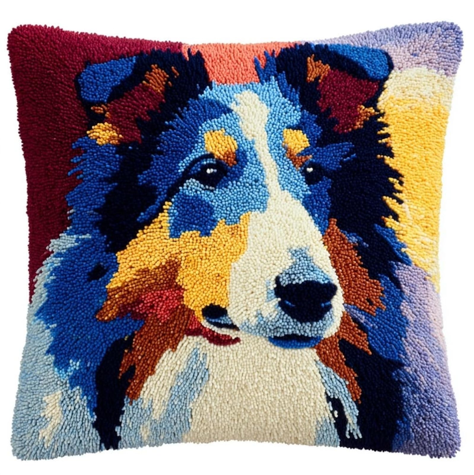 AxiangziK Latch Hook Pillow Kits with Yarn,Collie Shepherd Dog Complete DIY Cushion Making Craft Kits,43x43cm Latch Hook Adult Craft Kits for Women