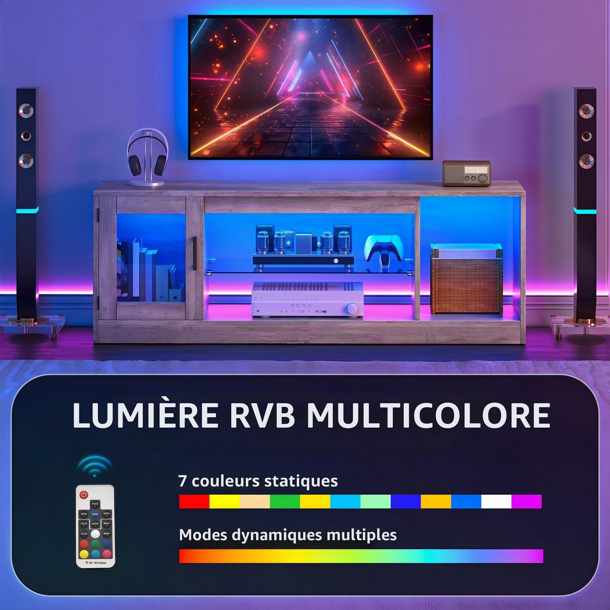 YITAHOME Meuble TV de 148 cm pour téléviseurs jusqu'à 65" avec 7 LED RVB 22 Modes d'éclairage TV Centre de Divertissement avec étagères en Verre réglables pour Salon, Chambre à Coucher