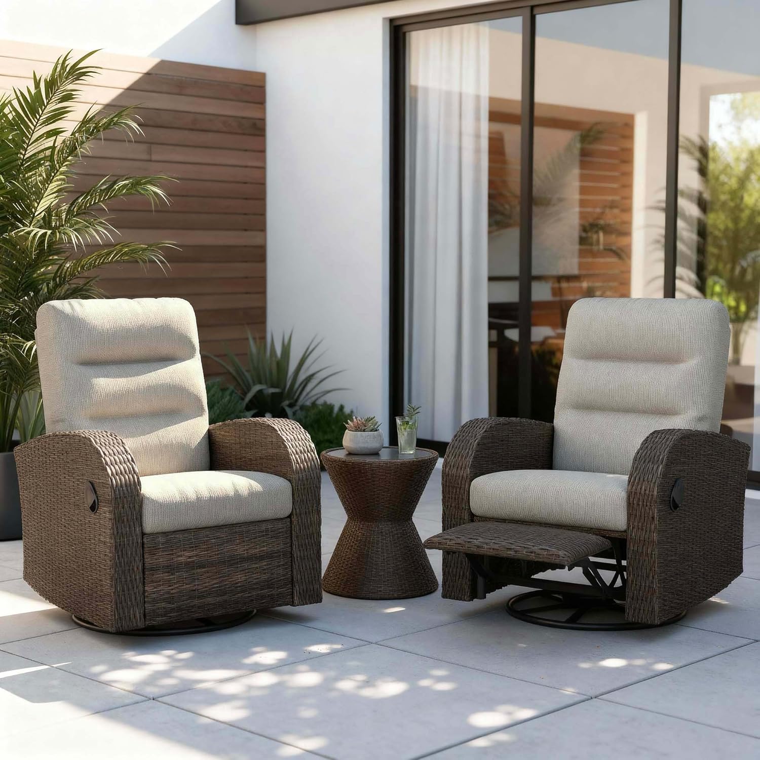 Outdoor Swivel Recliner Chair Set of 2, All-Weather Wicker Reclining Patio Chair with Adjustable Backrest and Footrest