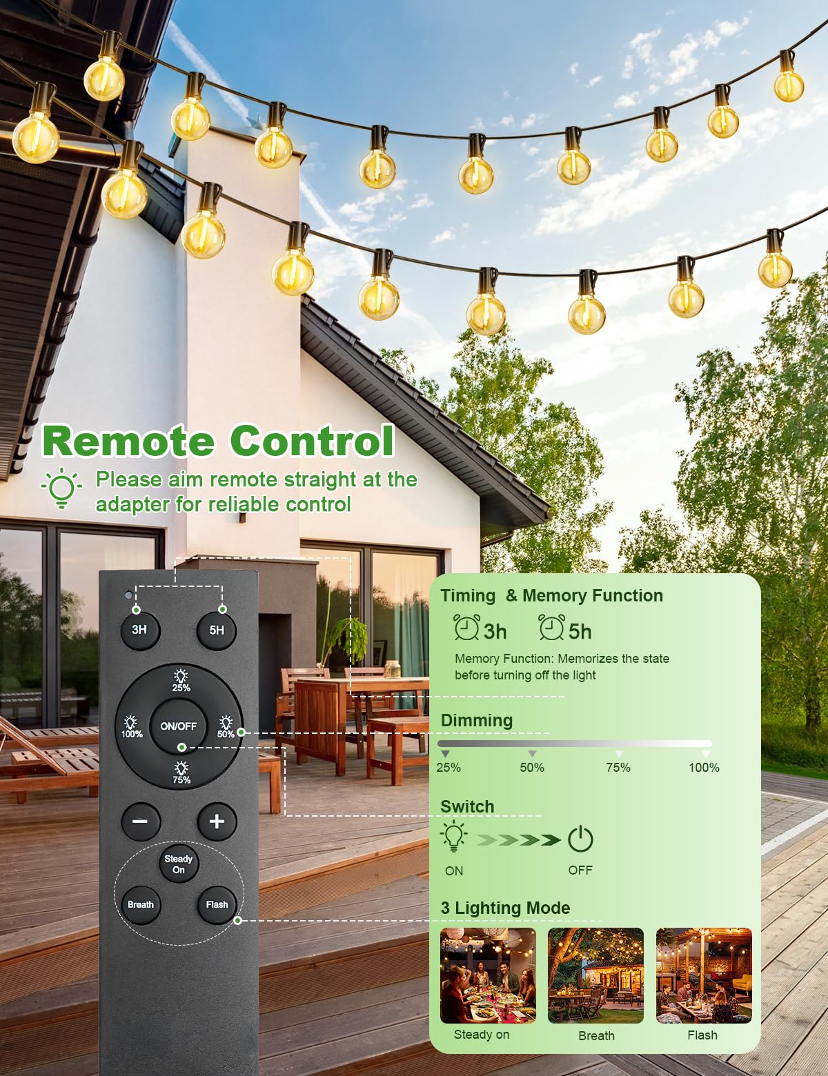 Catena Luci da Esterno Giardino 11M/36Ft G40 LED Lampadine Dimmerabile 3 Modalità Luce Catena Luminosa IP44 Luci Esterno e Interno per Giardino, Terrazzo, Matrimonio, Outdoor Decorative Feste