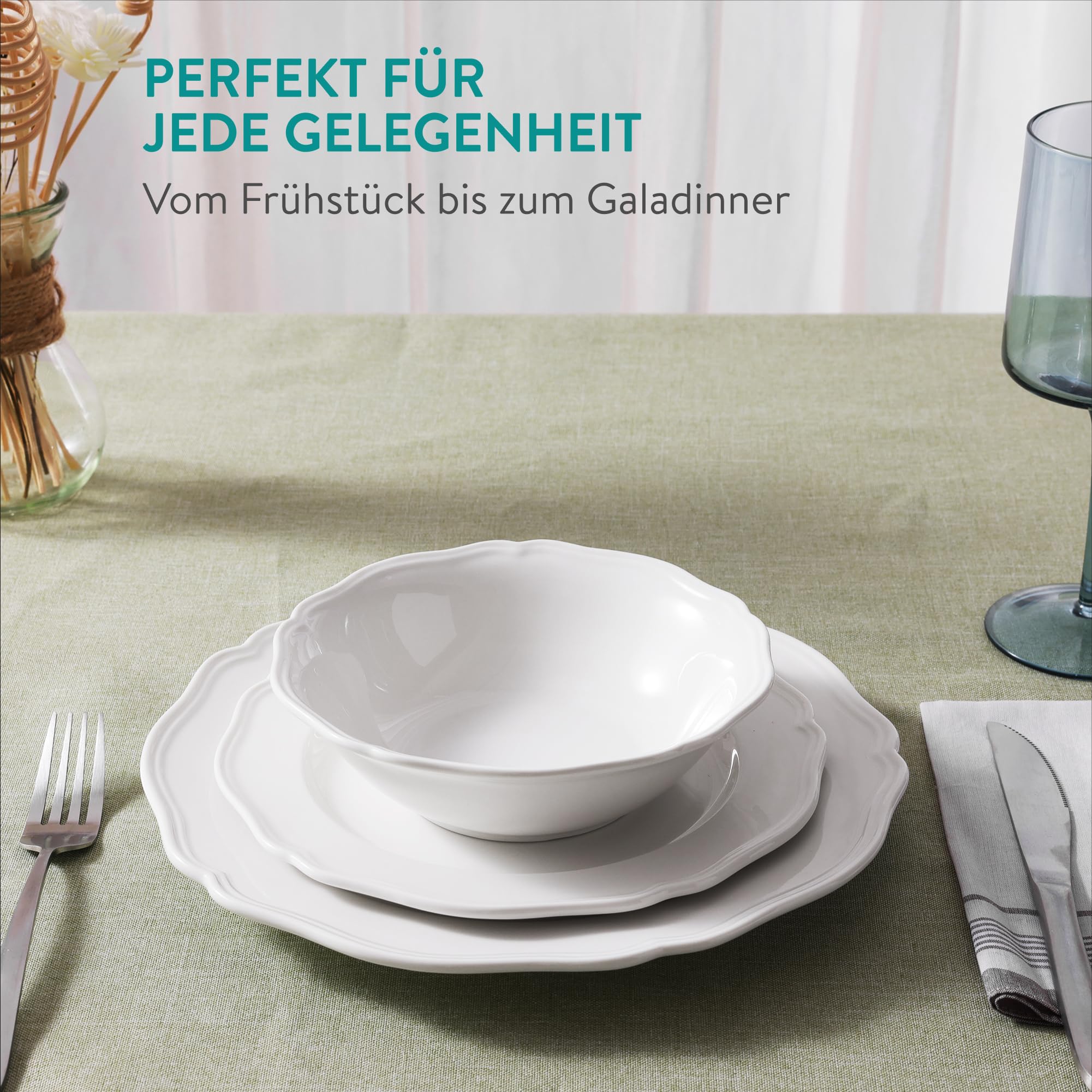 Navaris Scandi Stil Porzellan Geschirrset 6 Personen - 18-teiliges Teller Set - Spülmaschinenfestes Tafelservice - Kombiservice in Weiß - Geschirr Service Tellerset Essgeschirr