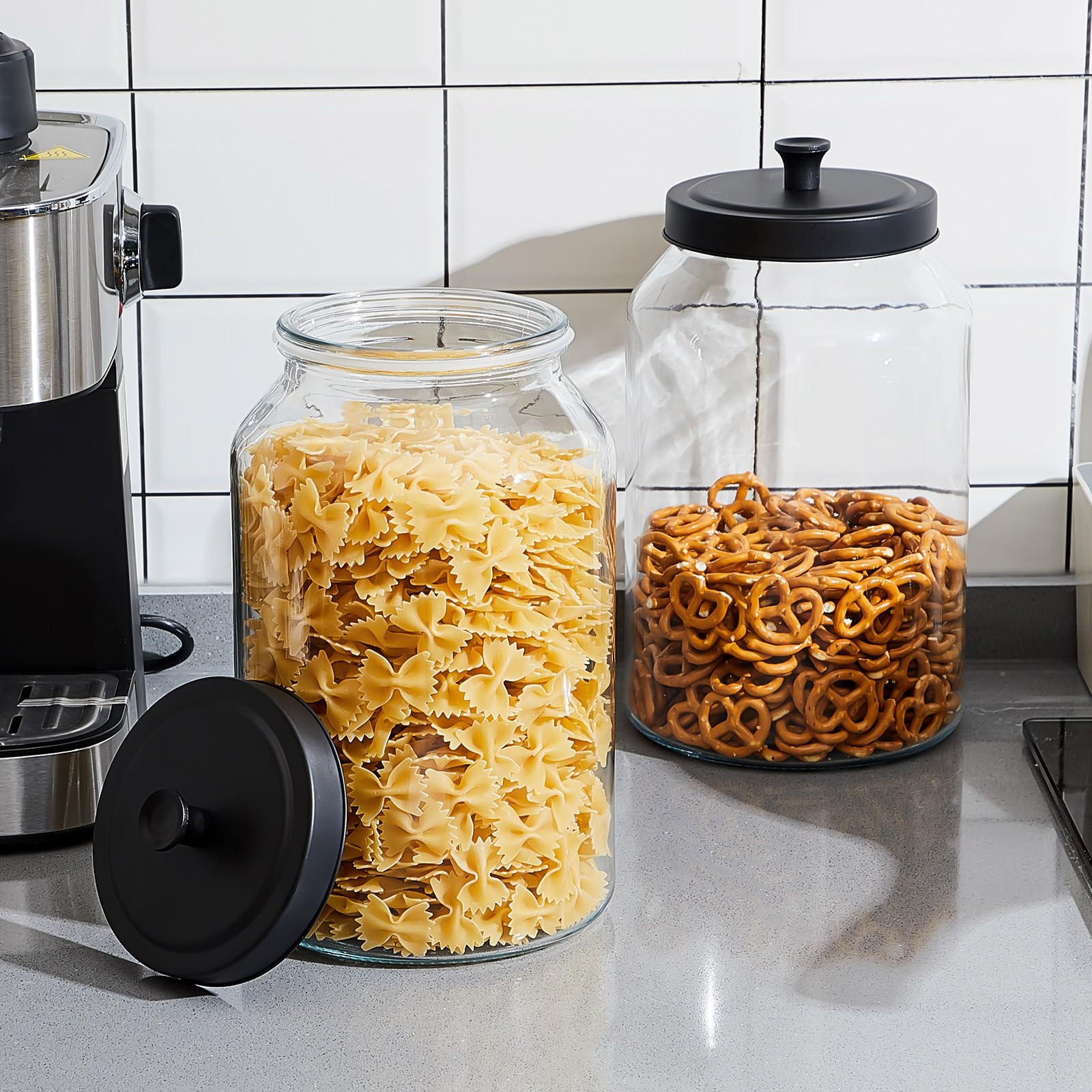 meekoo 4 Set Glass Jars with Black Lids 128 oz Glass Canister Set with Sealed Matte Metal Lid for Kitchen Organizer Food Storage Jars for Candy Coffee Cookies