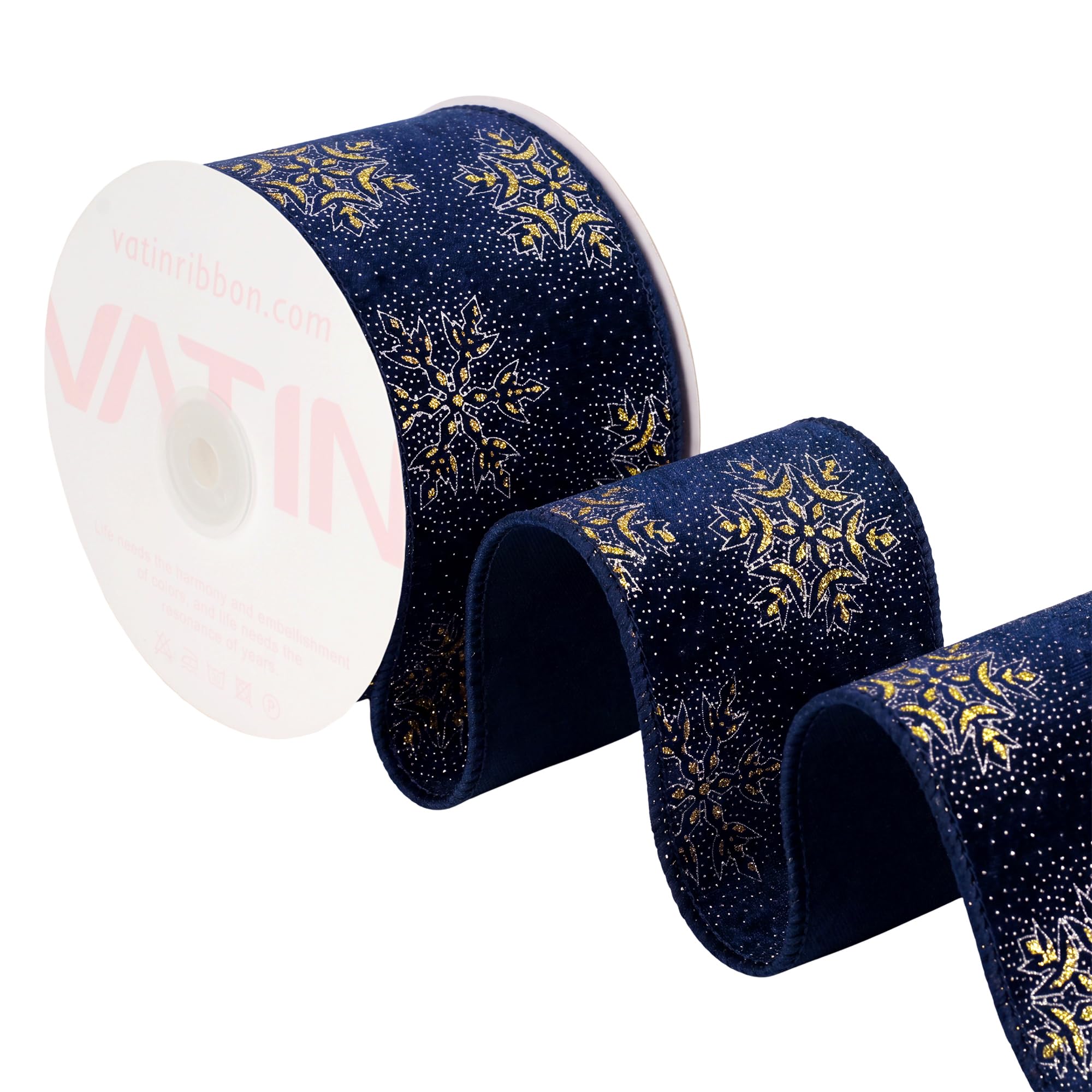 VATIN Navy Velvet Gold Snowflake & Dot Wired Ribbon, 65 MM x 9 M — image 1