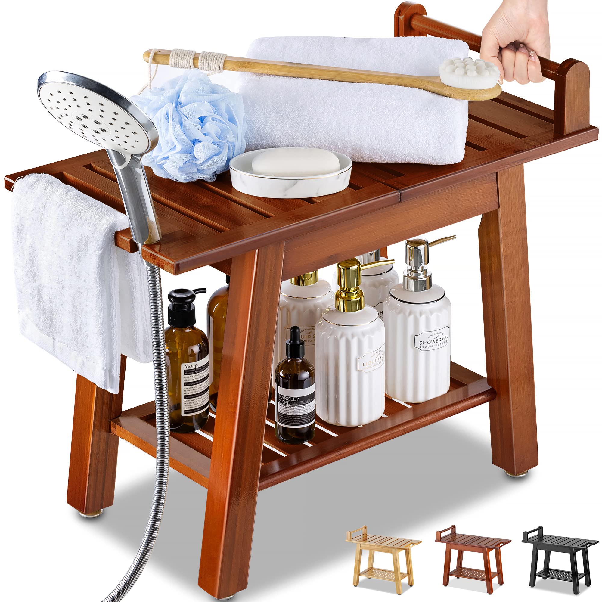 ETECHMART 2Tier Bamboo Shower Bench, 24 Inch Spa Stool with Storage
