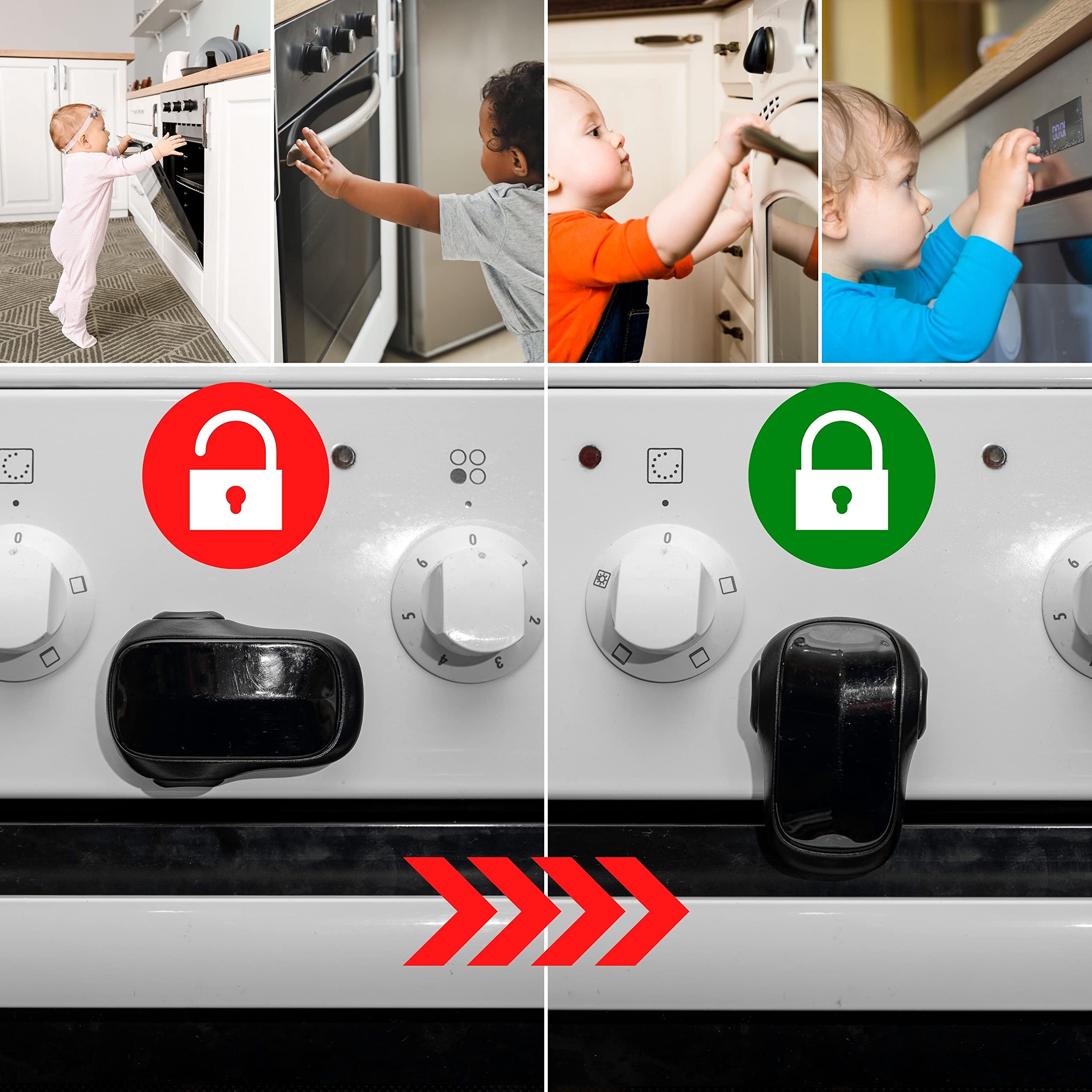 Cerradura de la puerta del horno, 2 pzs, en Negro, adhesivo especial, resistentes al calor, Diseño de doble botón, Bloqueo de Seguridad Horno, Estufa, Cajón, Puerta, Cerradura de Seguridad para Niños
