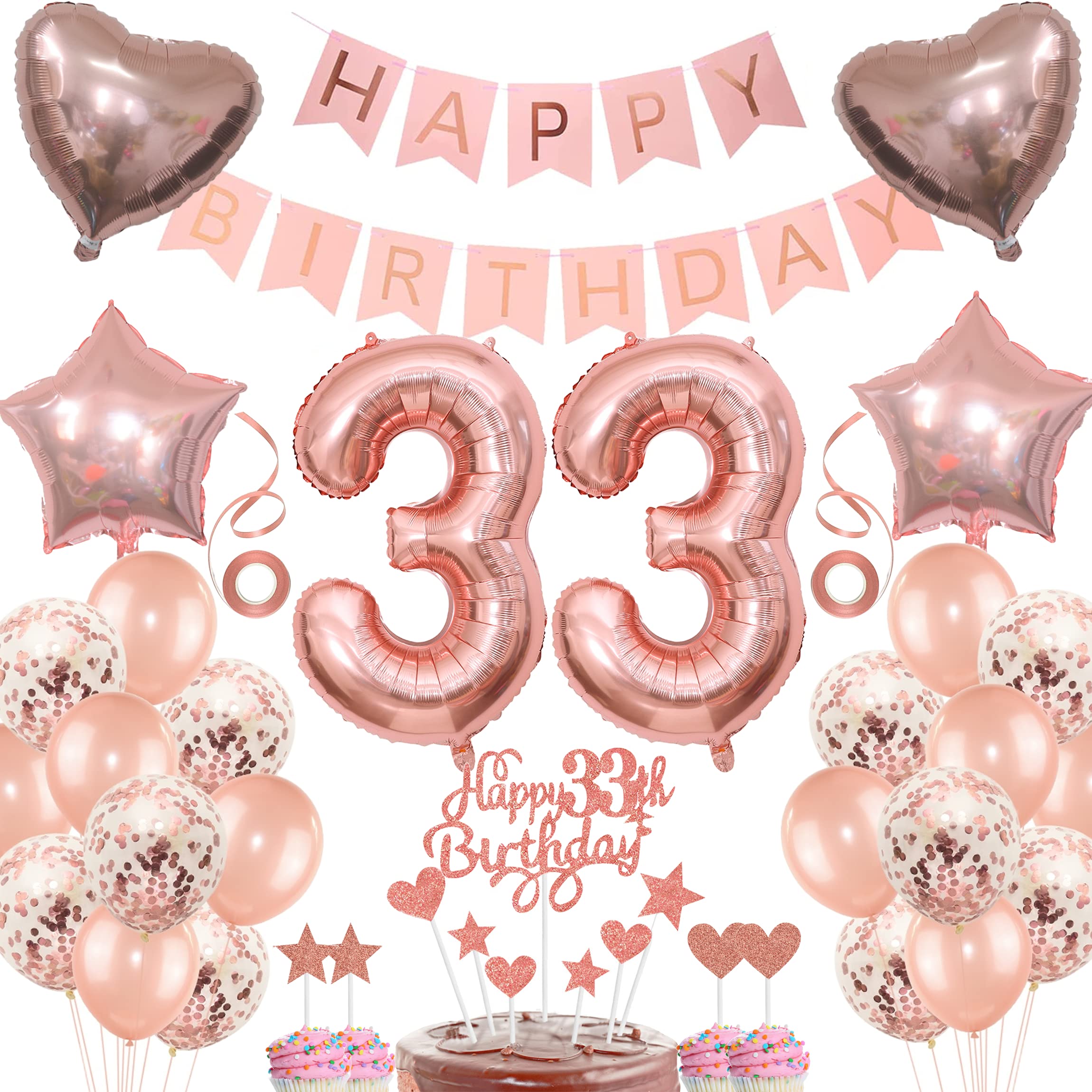 Rose Gold 33rd Birthday Women Decoration - Balloon, Cake Decoration Gift for 33 Years Woman