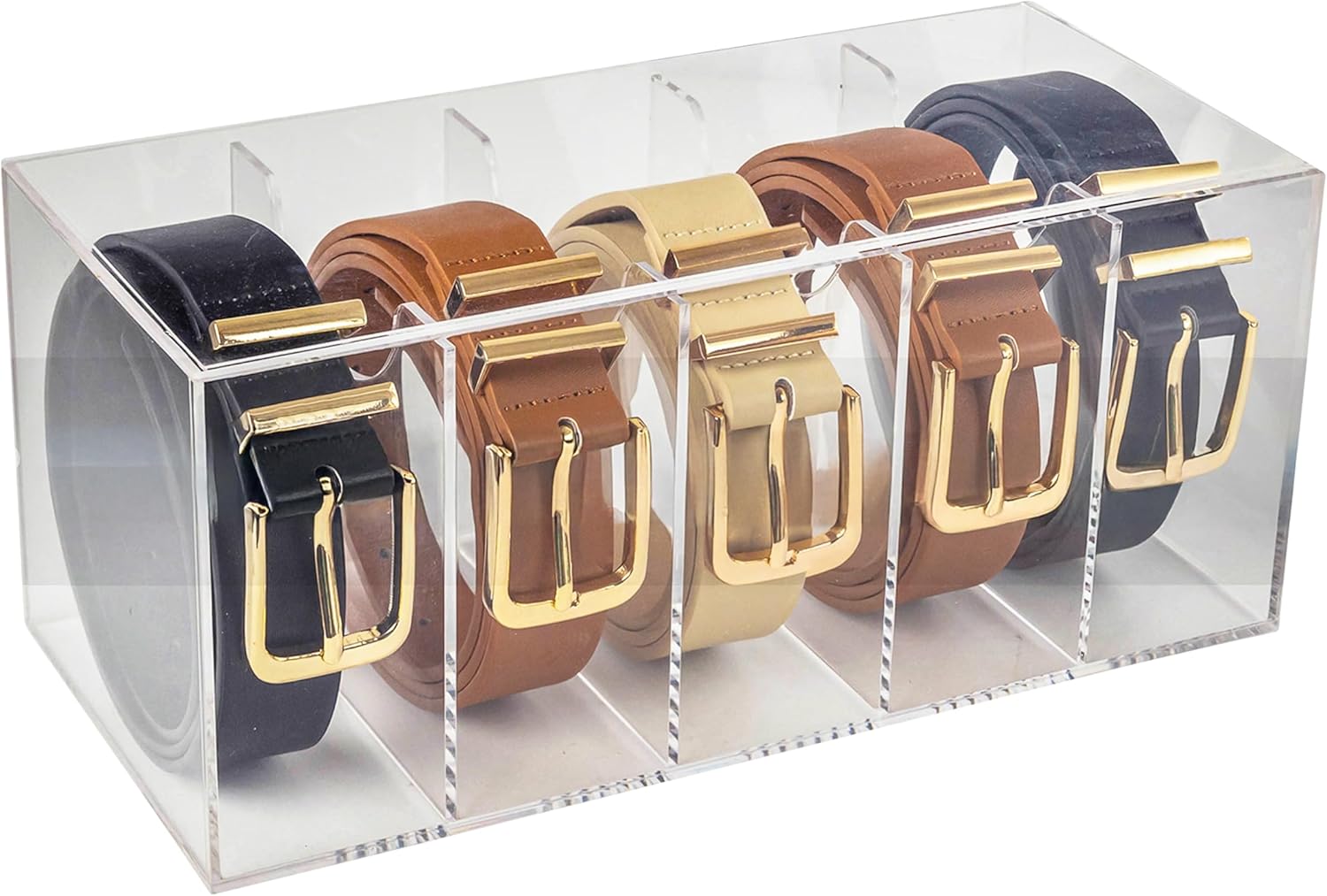 Acrylic Belt Organizer – 5 Compartment Clear Belt Storage Display Case with Dust Cover – Modern, Minimalist, Display – Clear