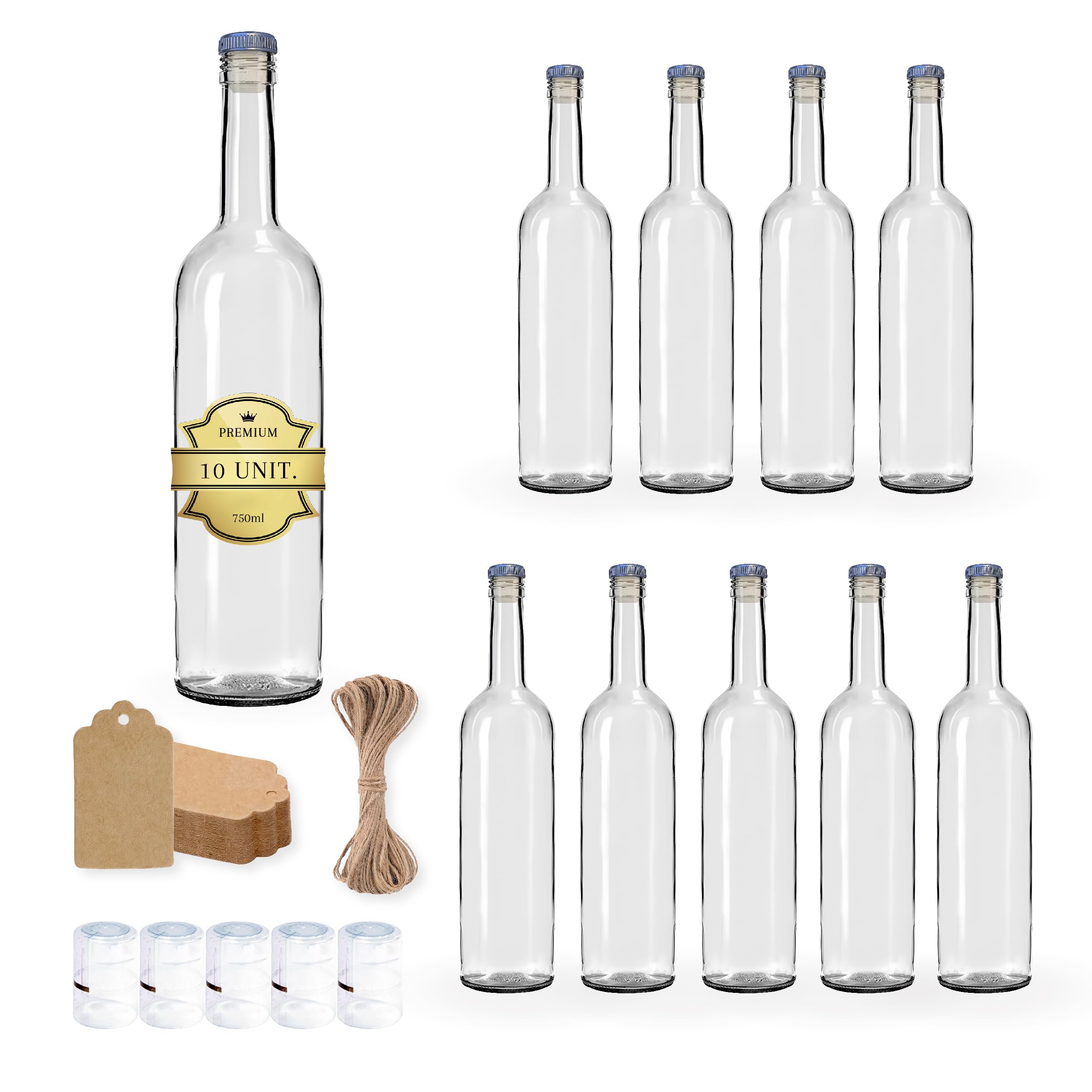 Espirito Rebelde 10 bottiglie di vino in vetro da 750 ml, con tappo incapsulato argentato, 10 sigilli + 10 etichette Kraft + spago - ideali per alcol e altre bevande, souvenir e cocktail