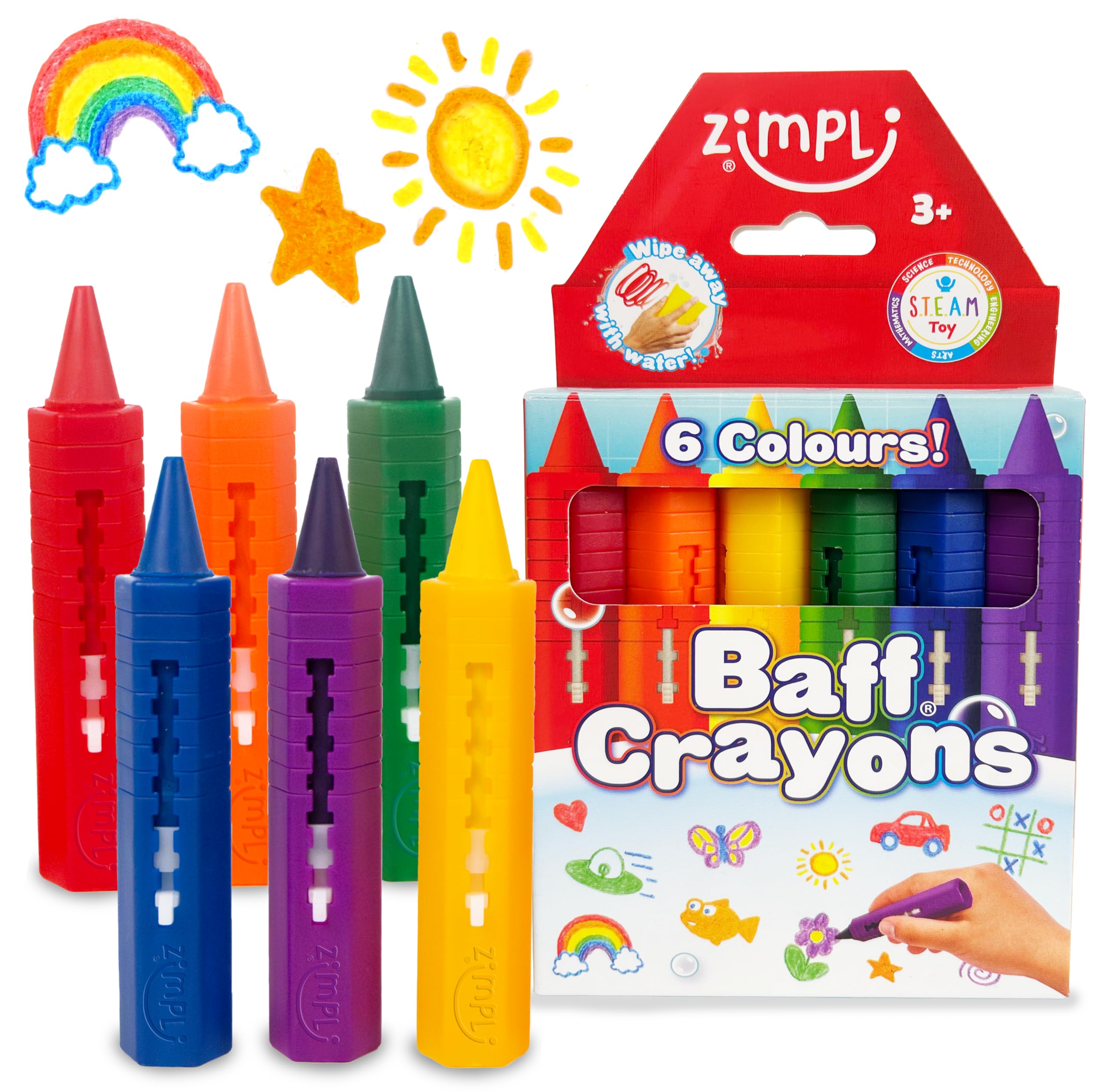 ZIMPLI - 6 Large Bath Crayons, Washable Colourful Kids Bath Pens, Creative Mess-Free Shower Toy, Wipe Clean Bath Fun, Paint Sticks for the Tub, Arts & Crafts