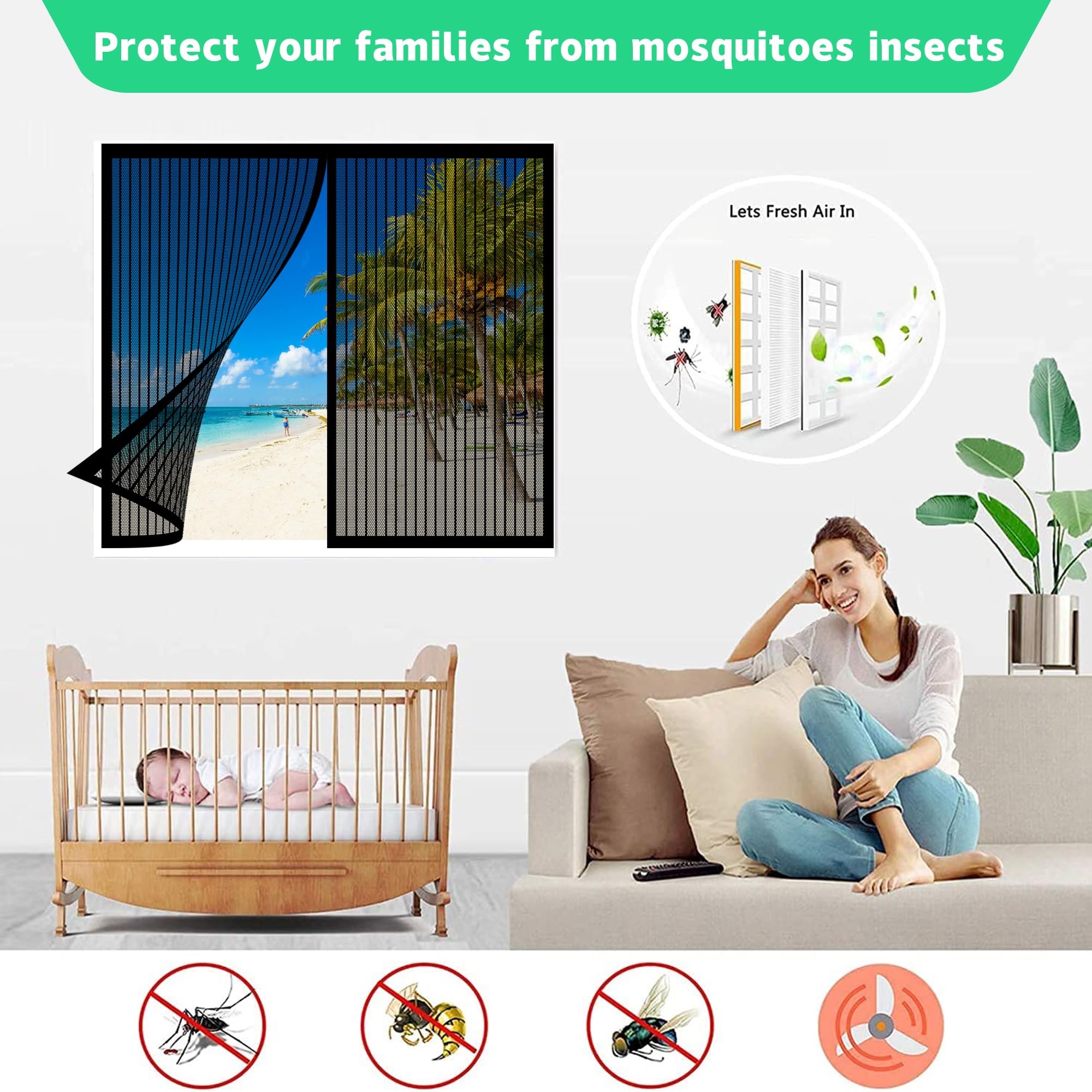 Fliegengitter Fenster 250 x 230 cm, Insektenschutz Fliegengitter Fenster Magnet Mückenschutz, Automatisches Schließen für Alle Fenster, Schwarz