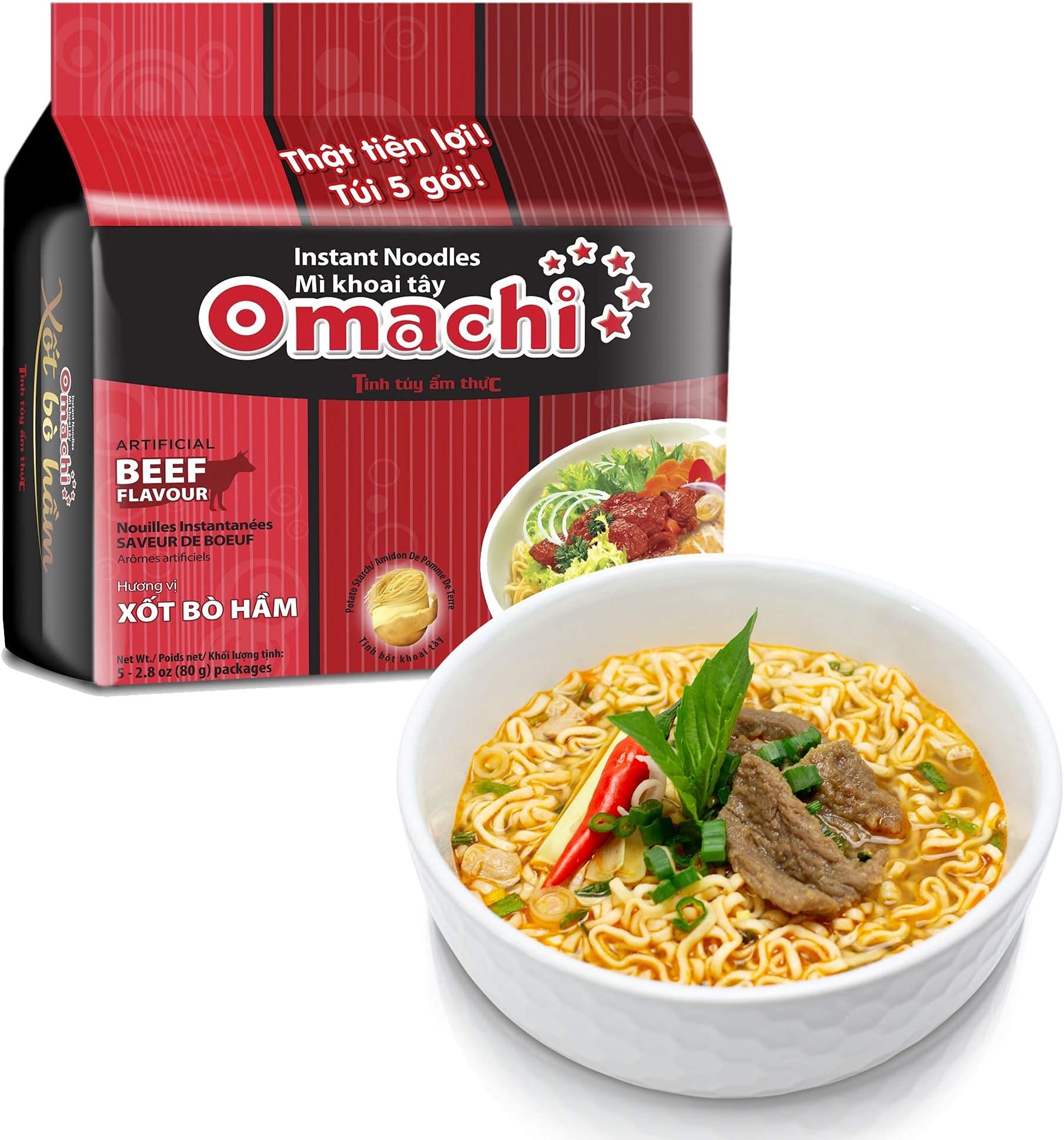 OMACHI Golden Potato Noodles - Beef Stew Flavor - Made with Natural Ingredients (Beef Stew, Pack of 30)