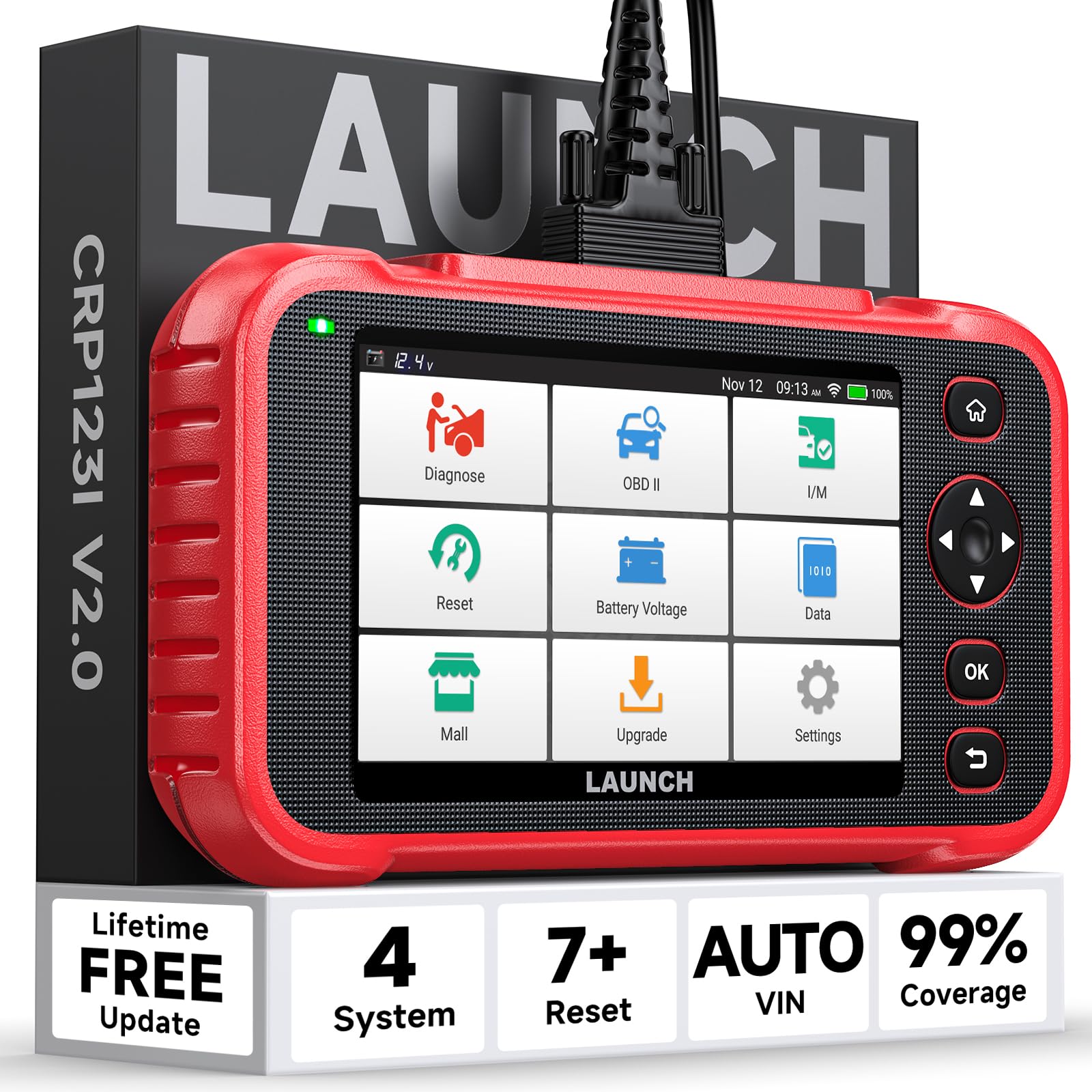 LAUNCH CRP123I V2.0 OBD2 Diagnostica Auto, 4 Sistemi OBD2 Diagnostico per ABS SRS Trasmissione Motore, Scanner di Codici con Olio/EPB/DPF/SAS/BAS/BMS/Ripristino Acceleratore, Test della Batteria
