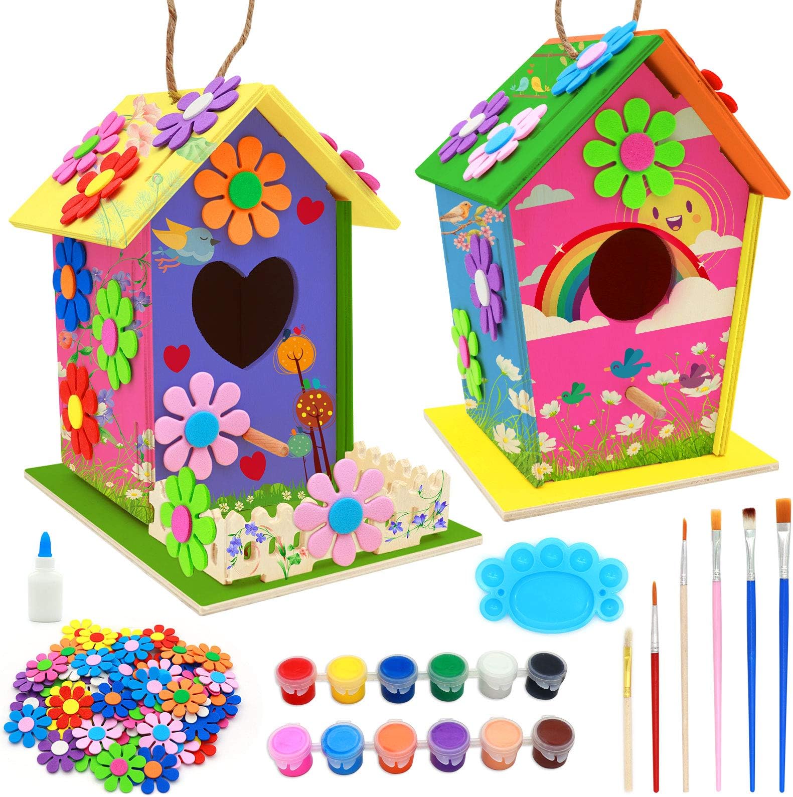 DIY Bird House Kit, Kids Crafts Wood Arts Build and Paint Own Bird Feeder Includes 2 Packs Wood Building, Brushes and Accessories, Educational Toys for Boys and Girls