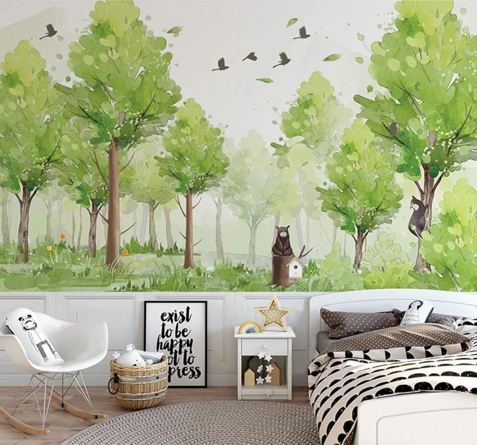 XLMING Hand Drawn Green Forest Birds Bears 3D Wallpaper Luxury Home Dining Decor Paste Sofa Living Room The Wall for Bedroom Mural-350cm×256cm