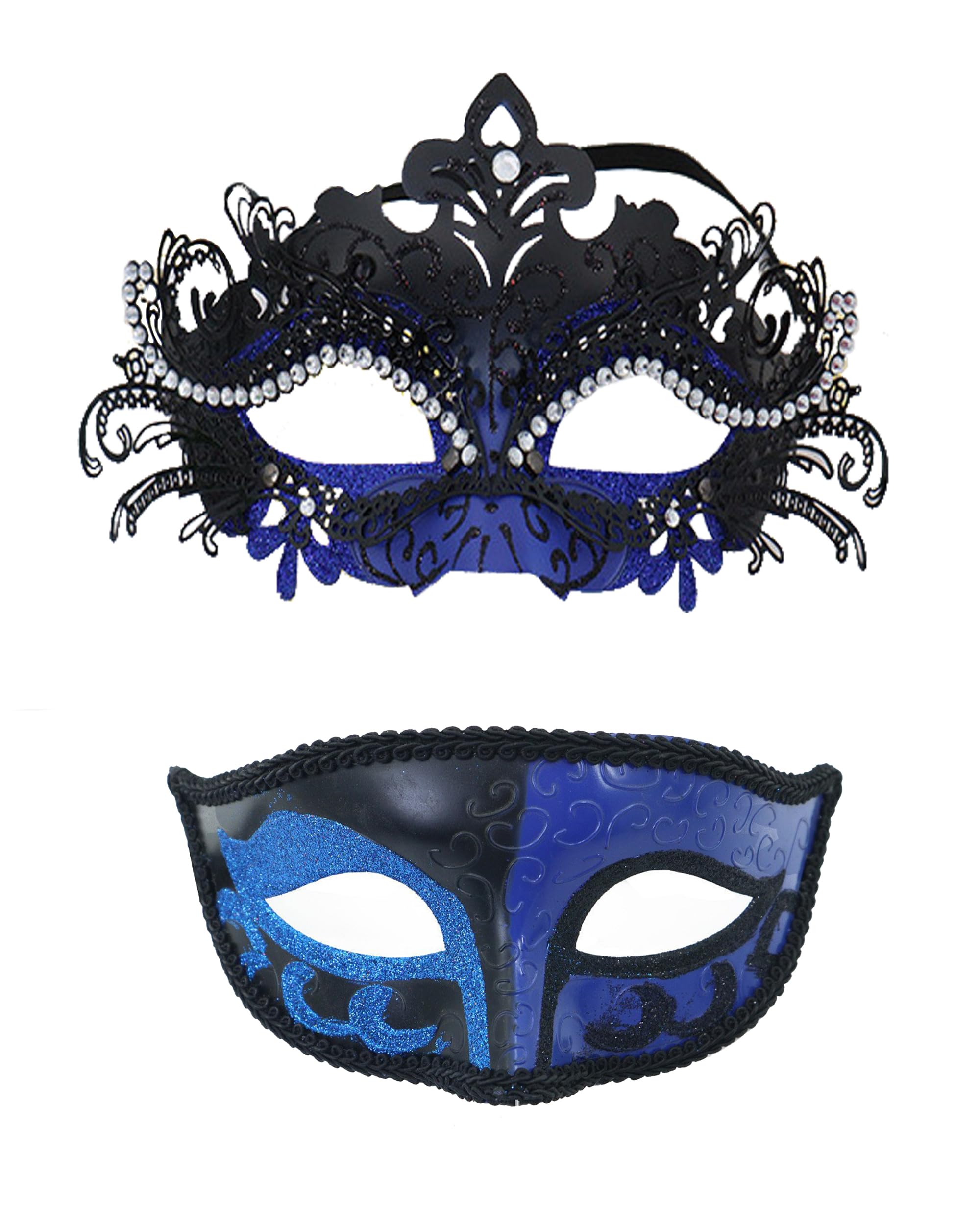 MZinge Masquerade Mask for Men Women, CouplesShiny Rhinestone Metal Filigree Venetian Mask Set for Ball Party,Halloween，Mardi Gras,New Year Party，Eye Mask Costume (Black blue)