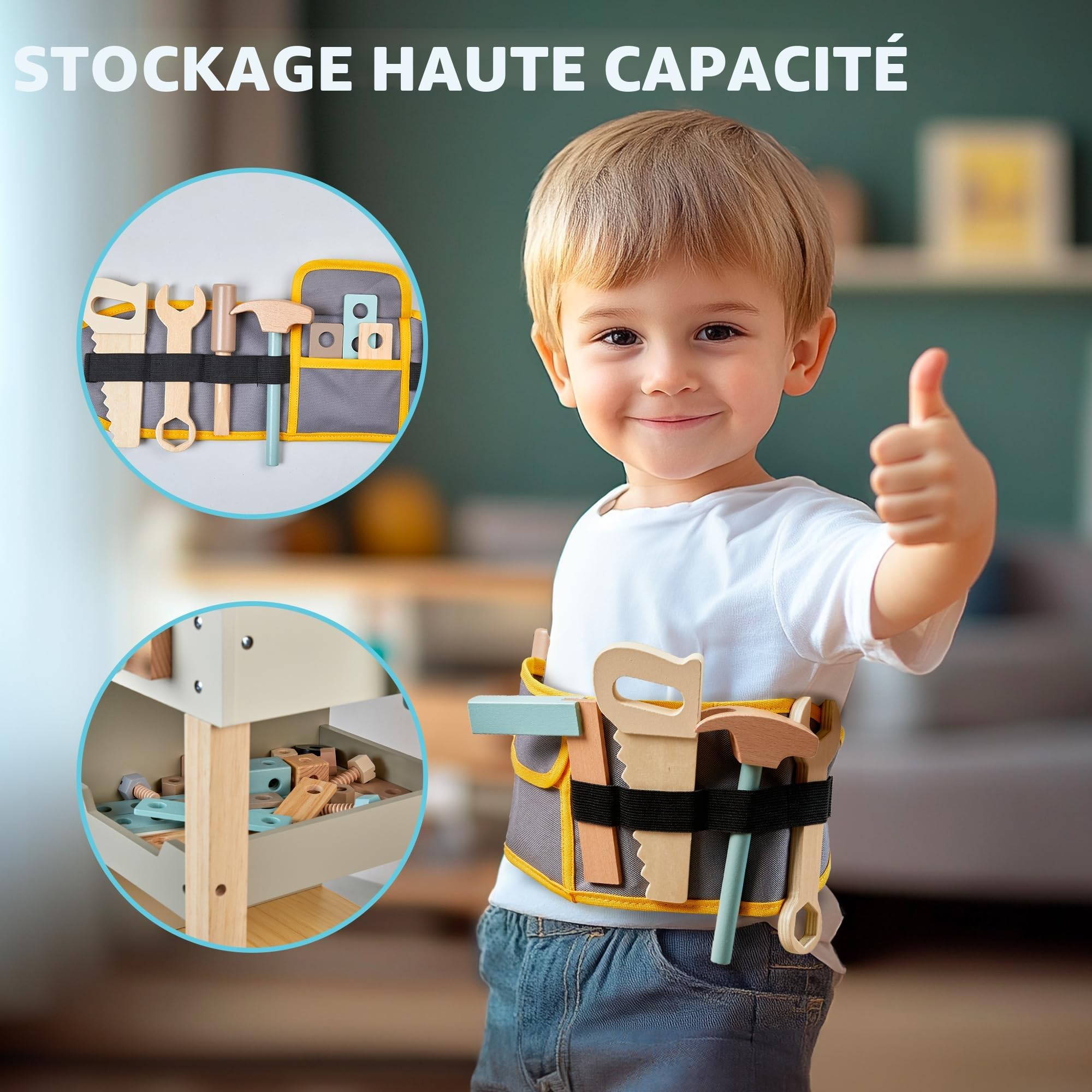 Banc à Outils pour Enfants en Bois avec Ceinture, Établi de Travail pour Tout-Petits, Ensemble de Construction, Jouet en Bois, Cadeau