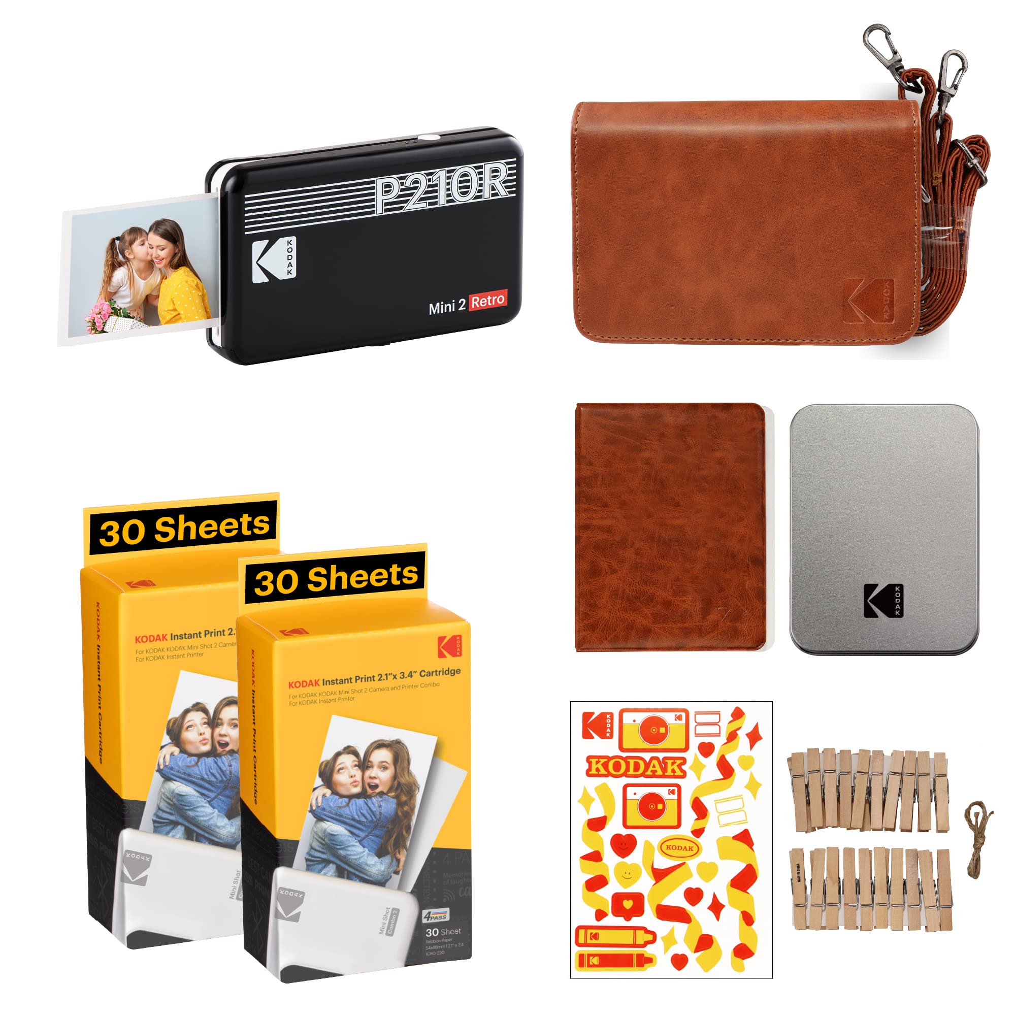 KODAK Mini 2 Retro 4PASS Stampante Fotografica Portatile (5,3x8,6cm) + Pacchetto accessori e 68 Fogli, Nero