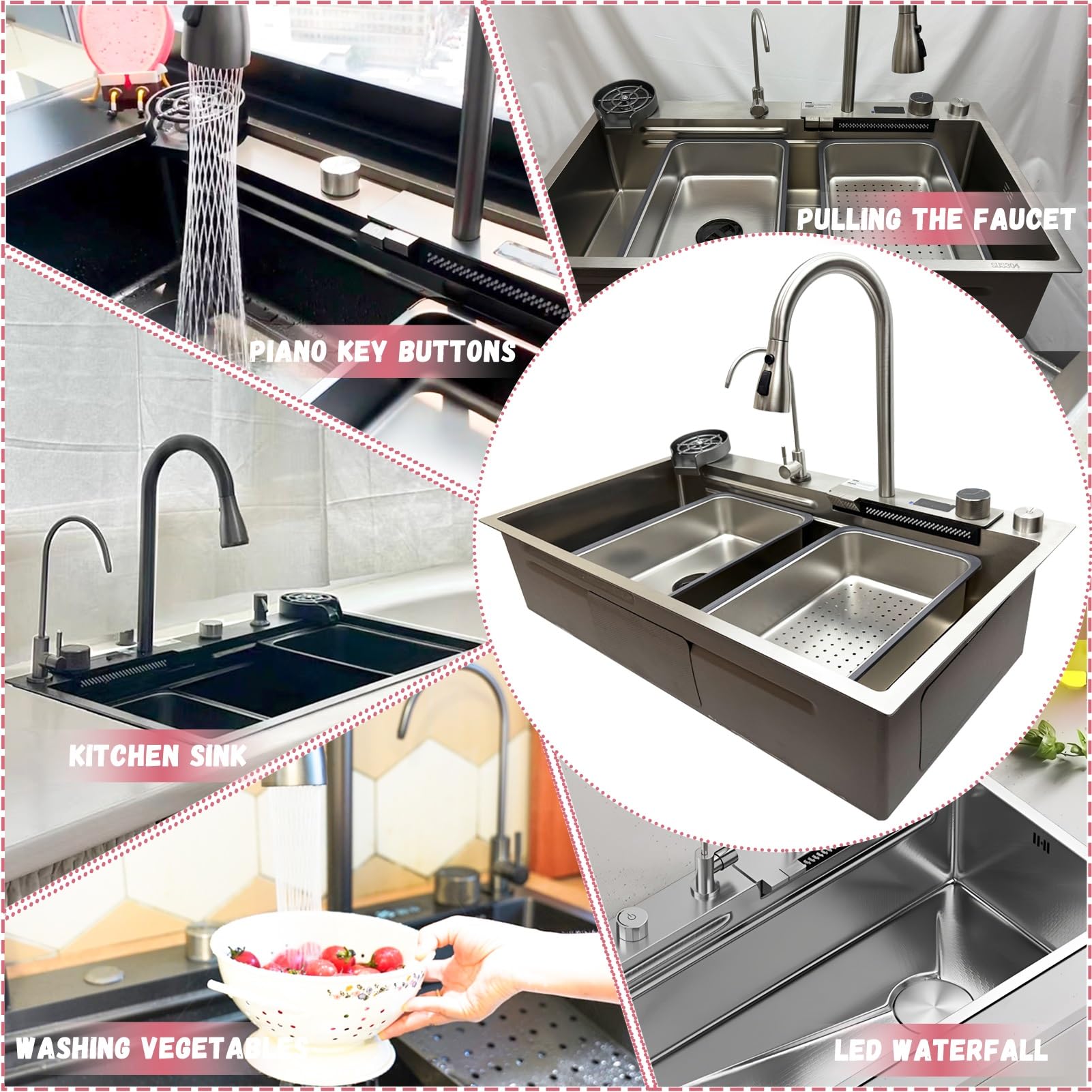 Fregadero Tipo Cascada de 90 x 50 cm, 1 cubeta, Rectangular, Acero Inoxidable Cepillado, Fregadero Grande para encimera de Cocina con Grifo Extensible, sifón, rebosadero y desagüe.