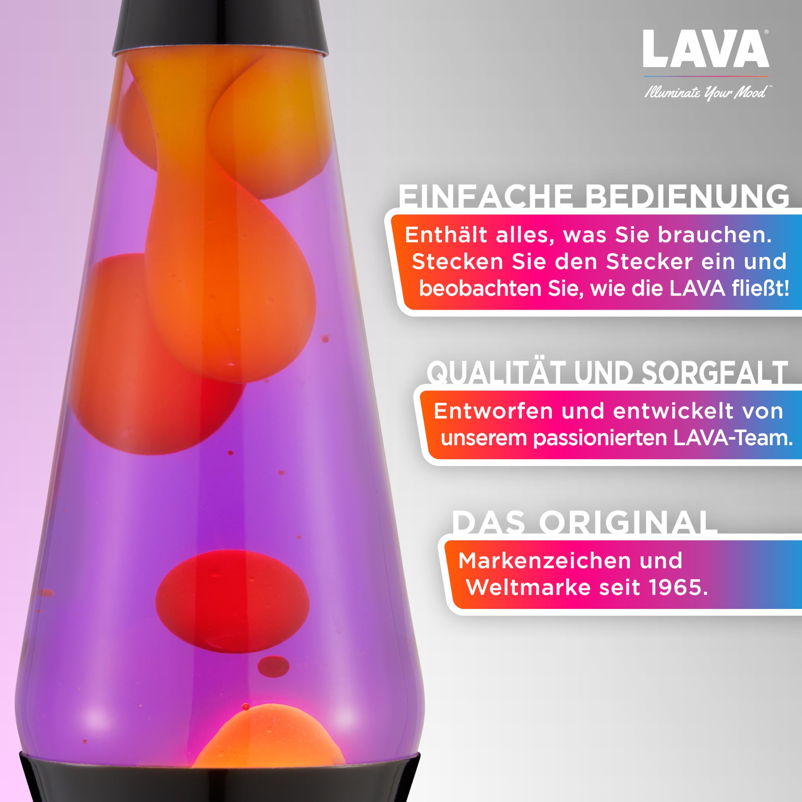 LAVA® - Lava Lampe 2323, gelbes Wachs, lila Flüssigkeit, schwarzer Sockel und Deckel, Original 14,5 Zoll Bewegungslampe der Marke LAVA®