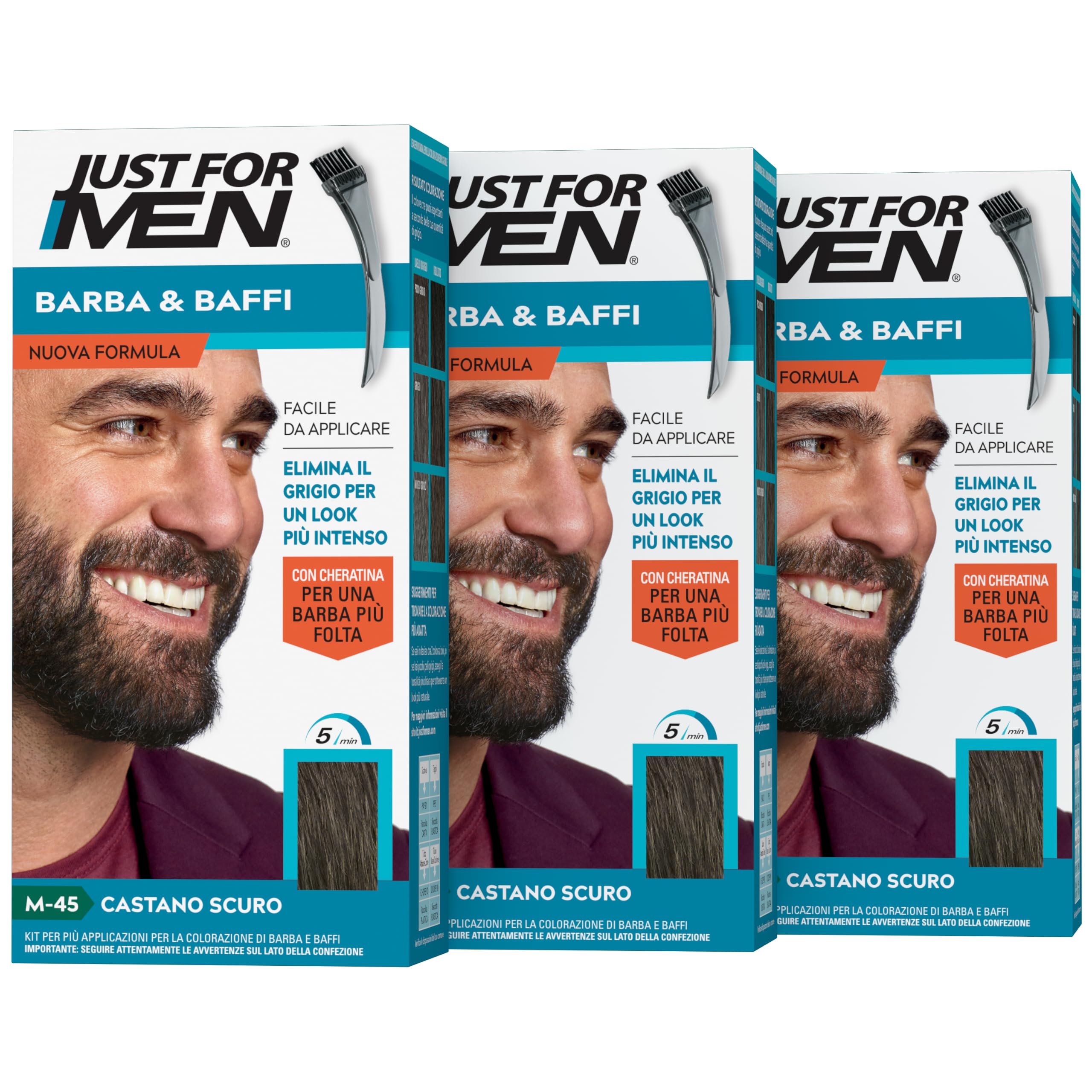 Just For Men Barbe & Moustache, Teinture pour barbe homme, sans ammoniaque, élimine les poils gris, avec peigne applicateur, couleur marron foncé, M45 (3 Pack)