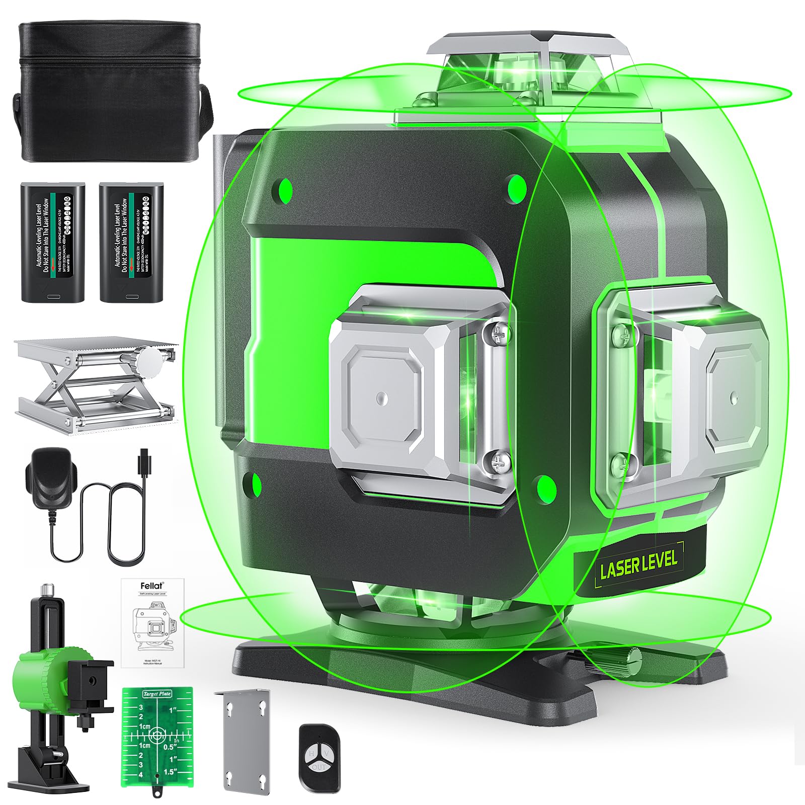 Laser Level, 4x360° 4D 16 Lines Green Laser Level Self Leveling for Construction and Picture Hanging, 2x4000mAh Rechargeable Batteries, Remote Control, Lifting Base, Silvery