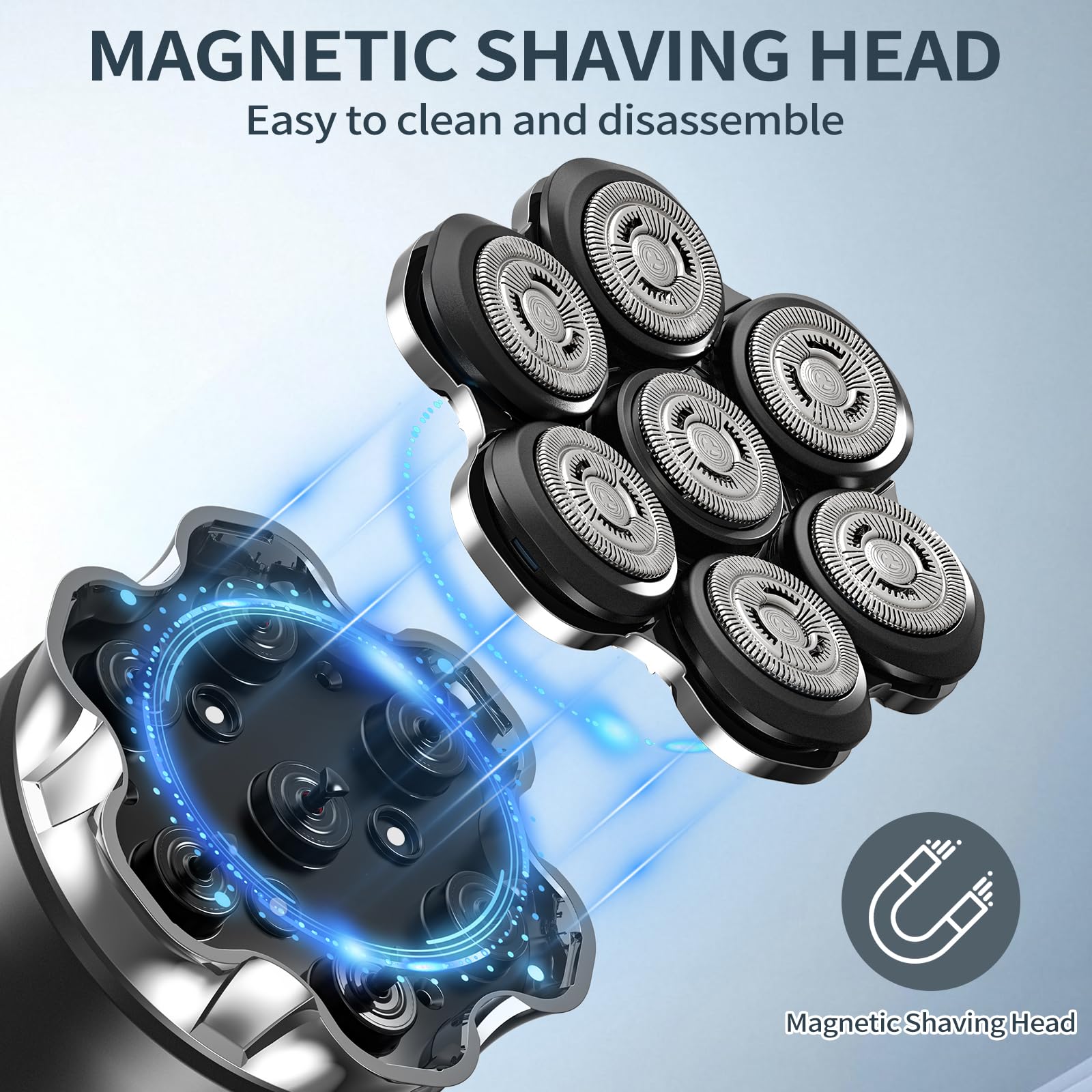 Rasoir Tete Chauve Homme, 7D Rasoir Électrique Hommes Sèche/Humide, Rasoir Crane Homme Chauve Étanche IPX6, Tondeuse Crane Chauve pour Hommes Chauves avec Écran LED, Tête Magnétique, Chargement USB-C