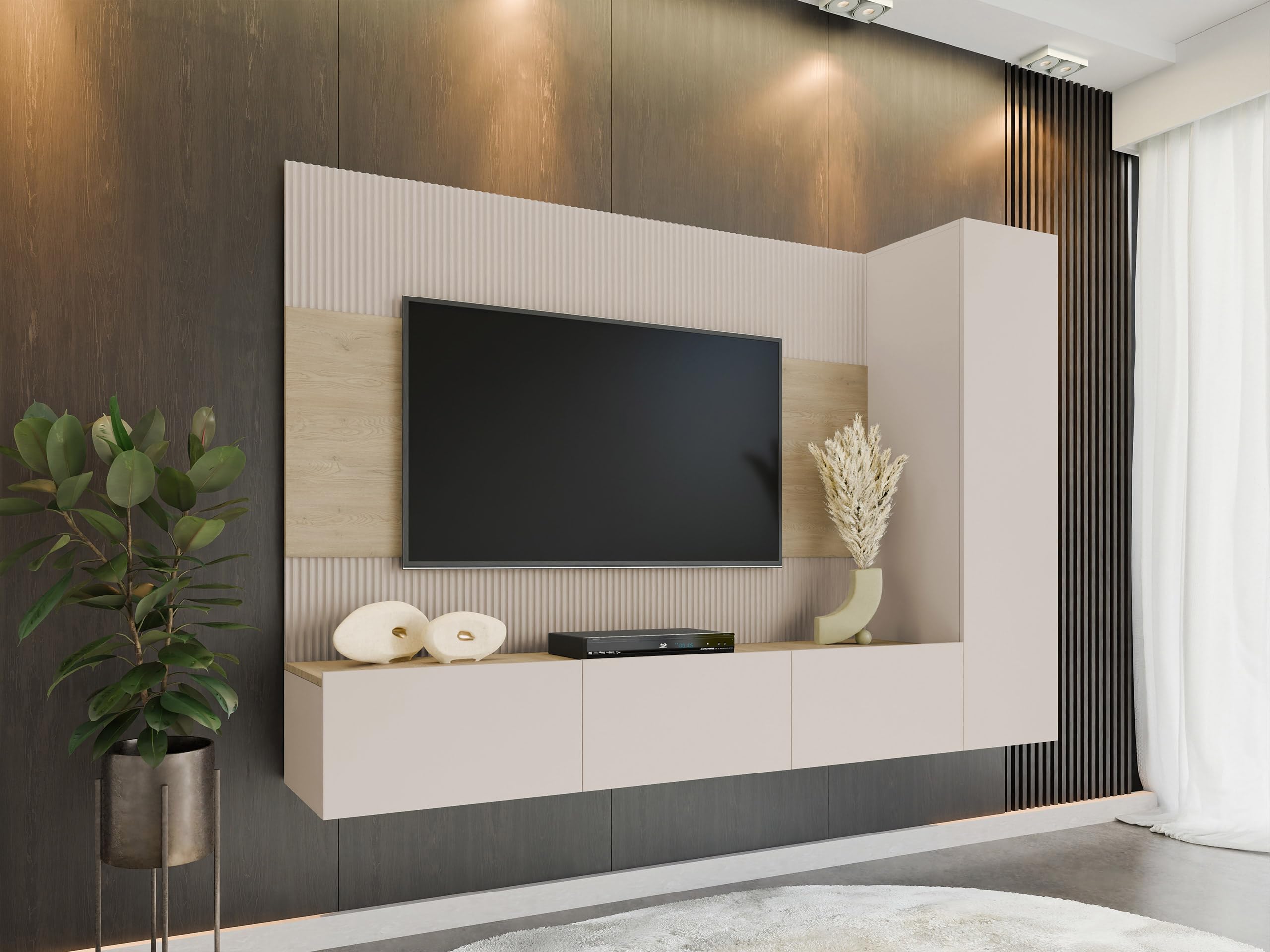 Mirjan24 Wohnwand Deromi VI, Anbauwand mit Wandpaneele und TV-Lowboard, Akustikplatten, Fernsehschrank, Schrankwand, Mediawand, Hängeschrank (Sandbeige + Eiche Cremona)